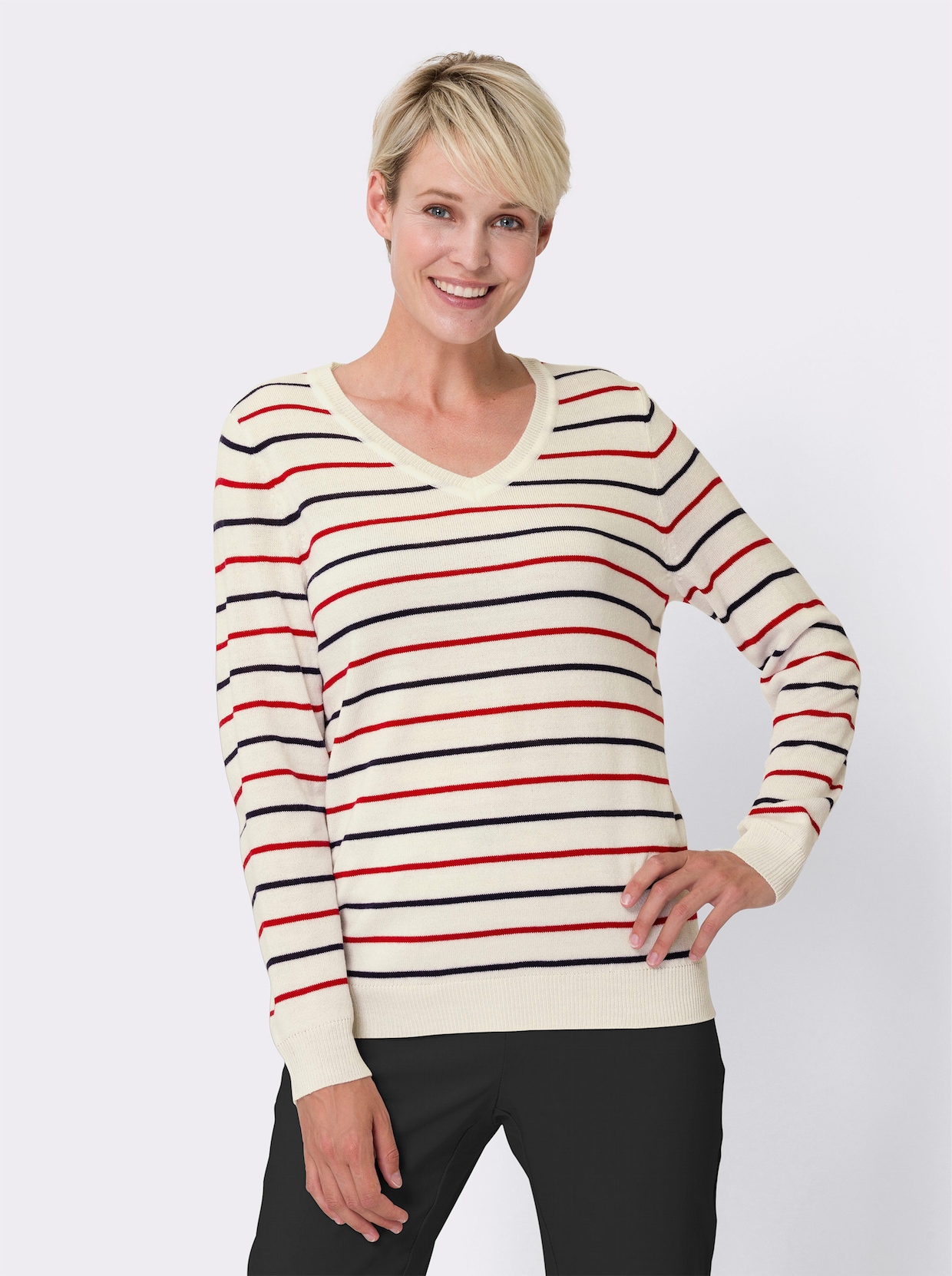 Pullover met V-hals - wit/rood gestreept