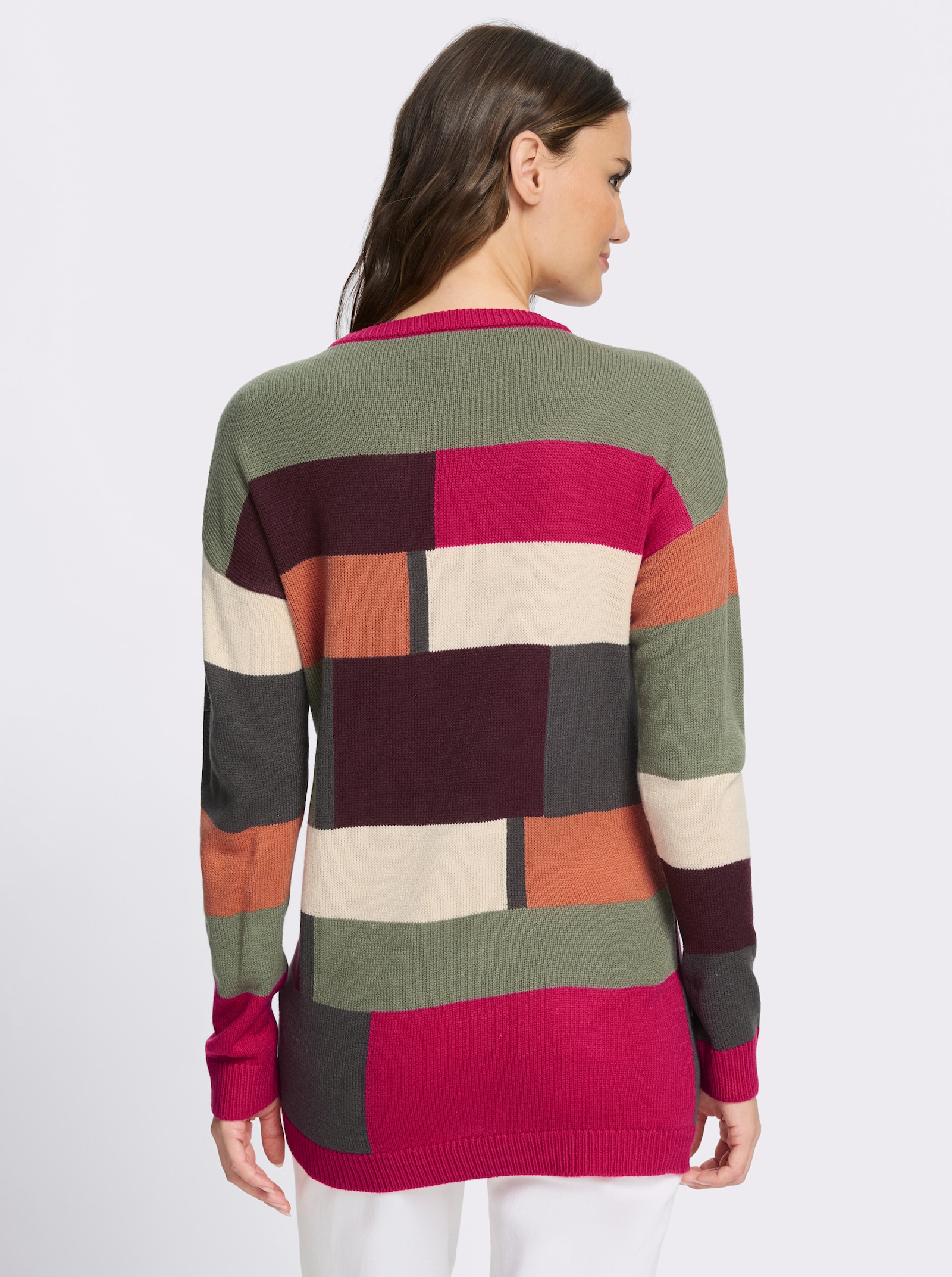 Longpullover mit Colour Blocking-Muster - khaki-pink-gemustert