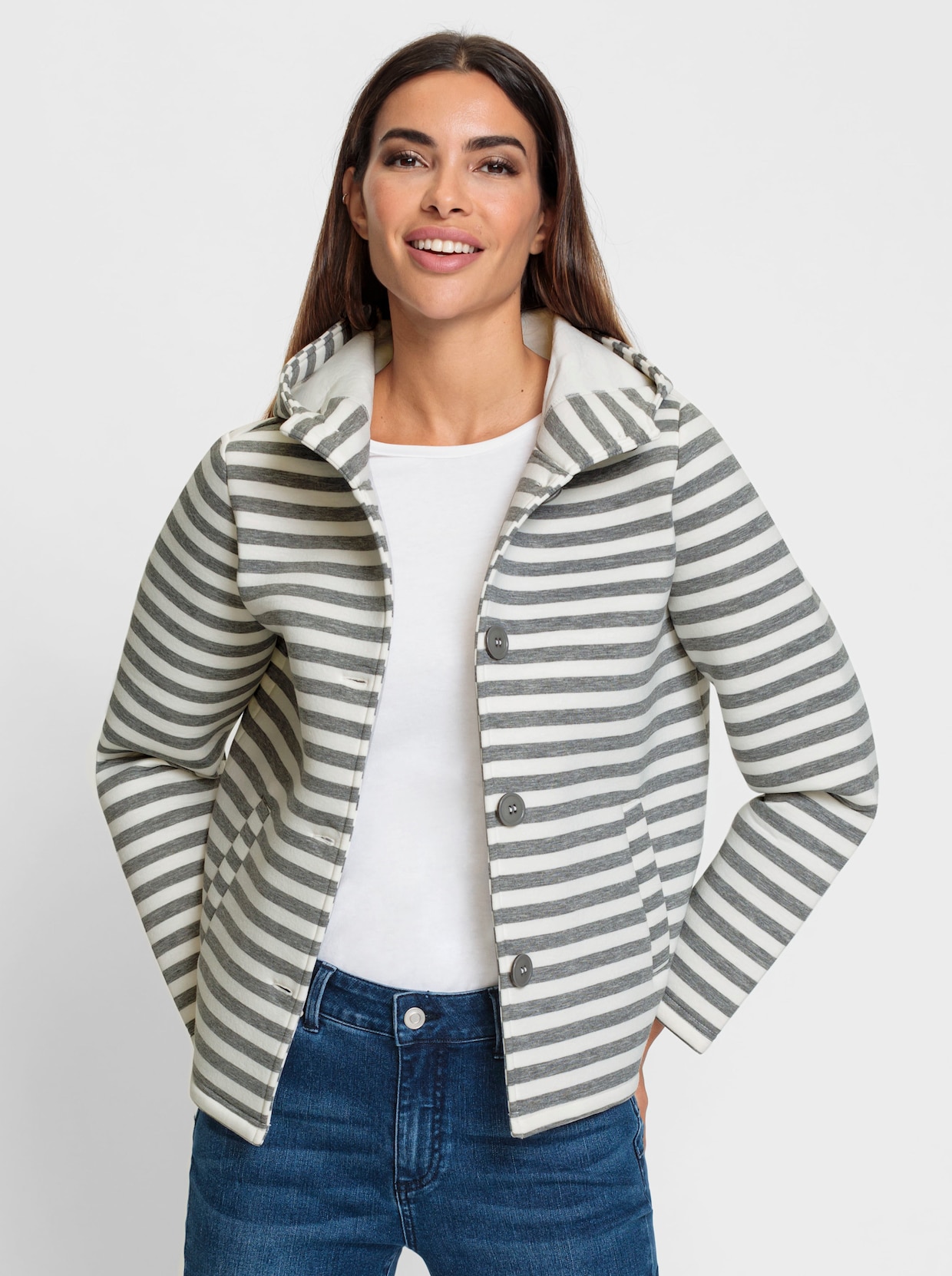 heine Sweatjacke - steingrau-ecru-geringelt