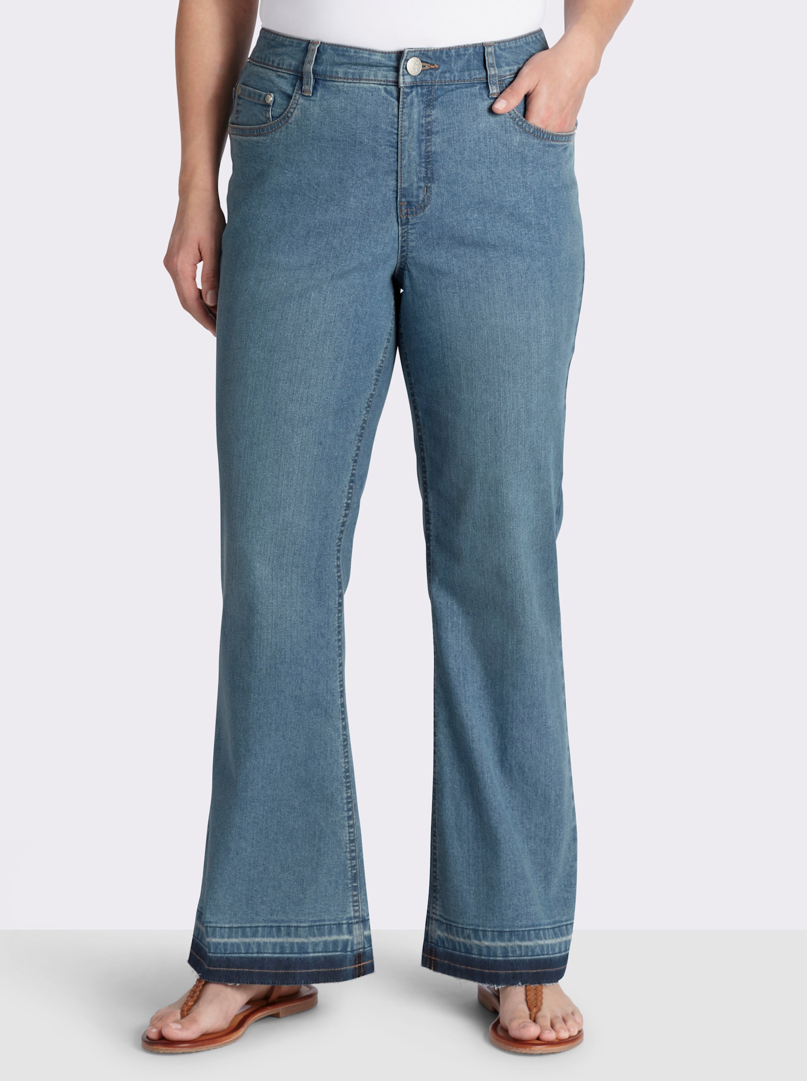 sheego Bootcut jeans met zoom met franjes - blue-bleached