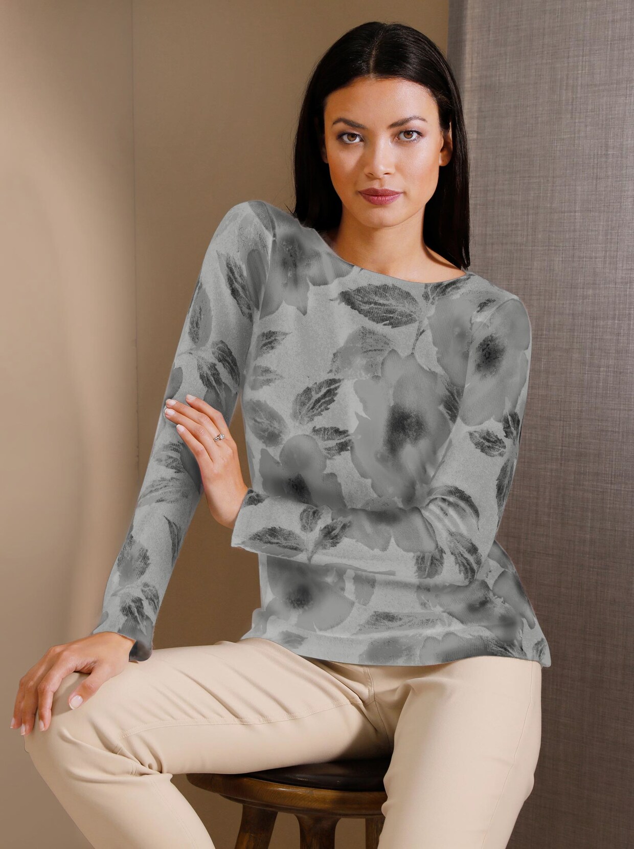 Creation L Premium Kaschmir-Pullover - hellgrau-graphit-bedruckt
