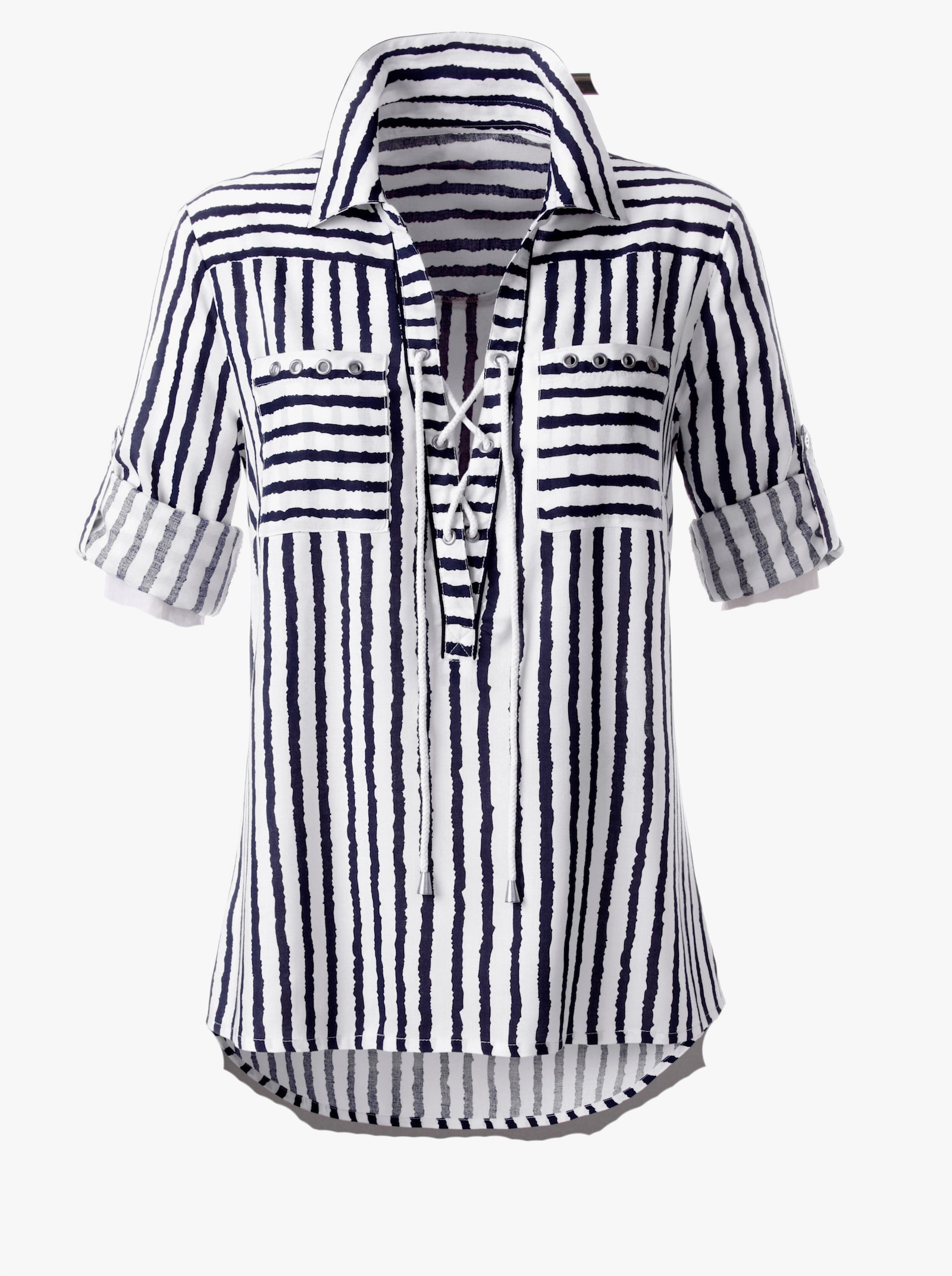 Pruhovaná blúzka, šnurovanie na výstrihu - Pruhovanie: námornícka modrá – biela