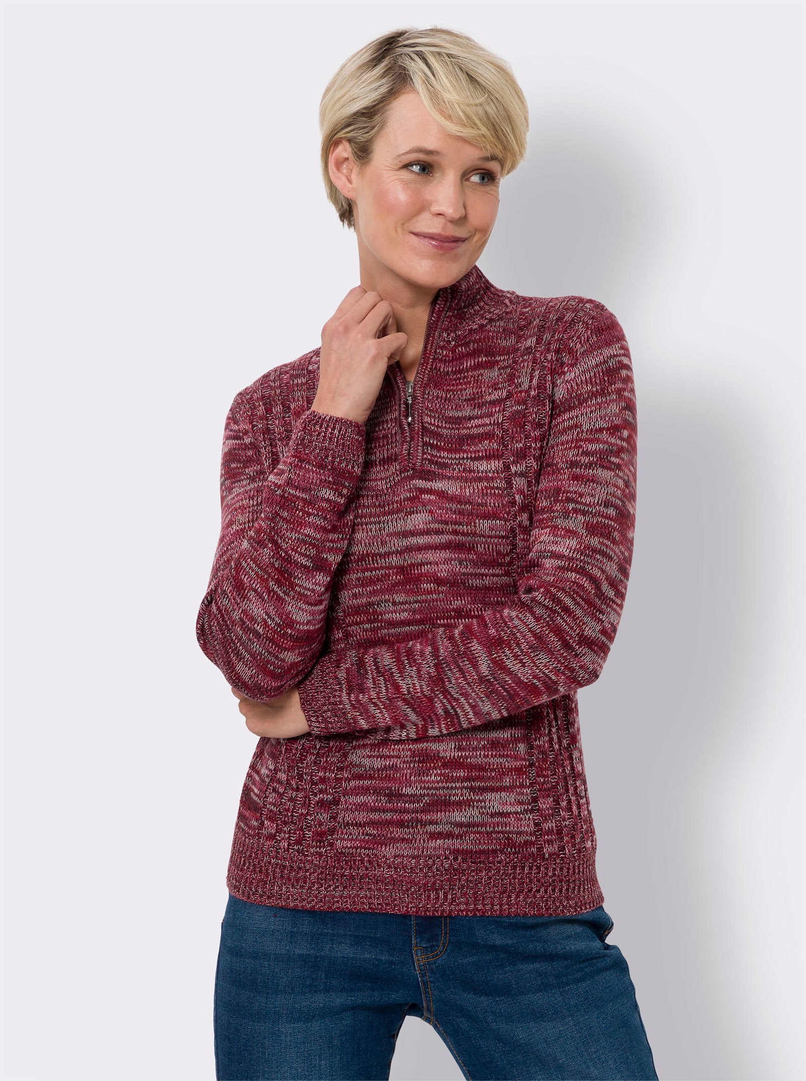 Pullover met lange mouwen van gemêleerd tricot - bordeaux gemêleerd