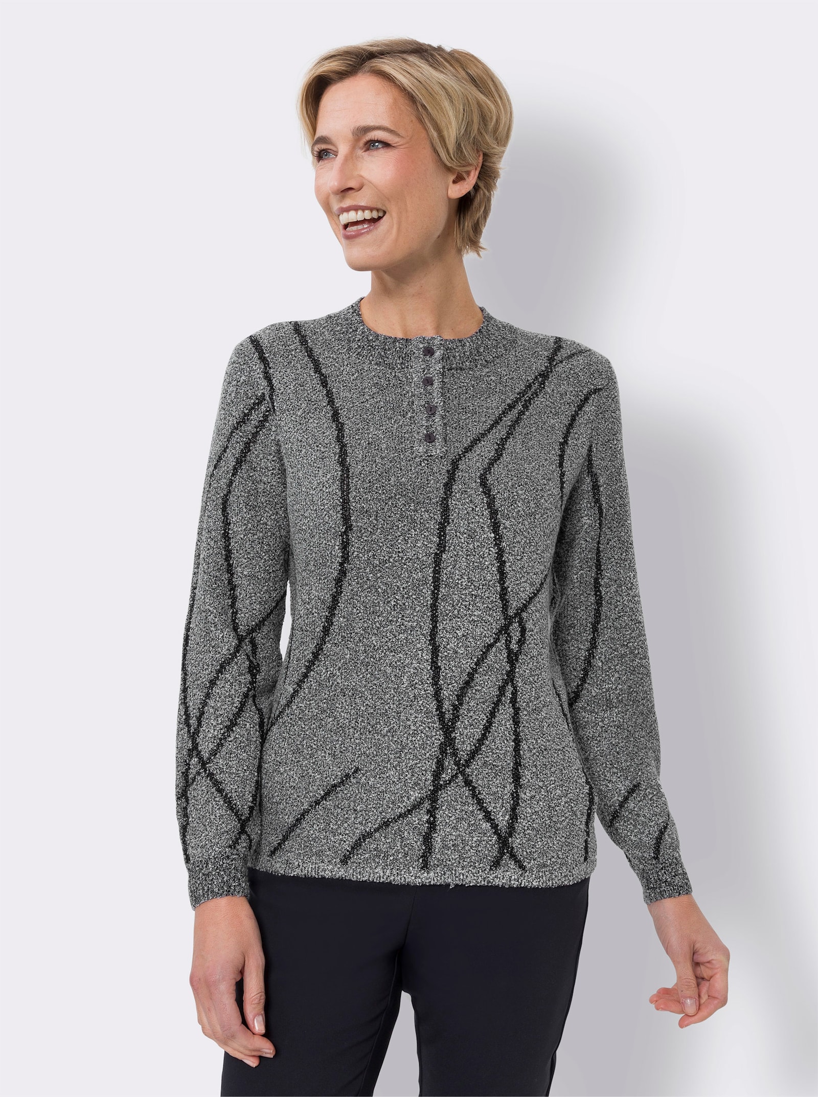 Bouclé-Pullover mit Jacquard-Muster - steingrau-meliert