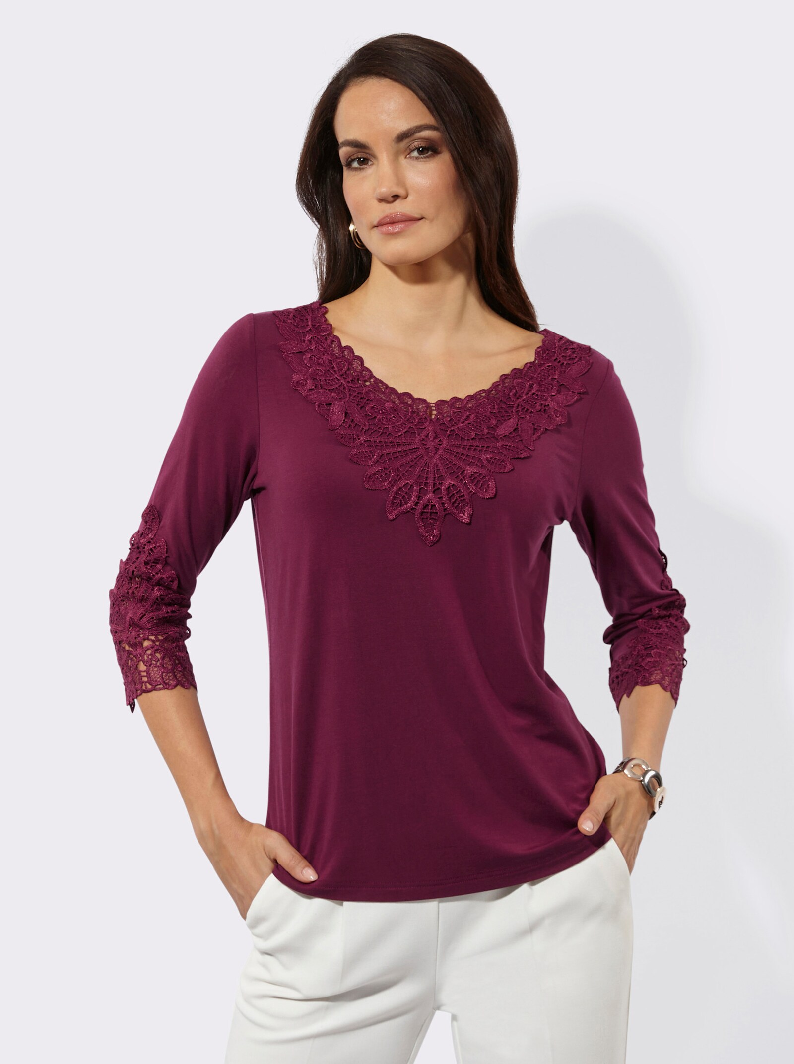 3/4-Arm-Shirt mit Spitzen-Akzenten - bordeaux
