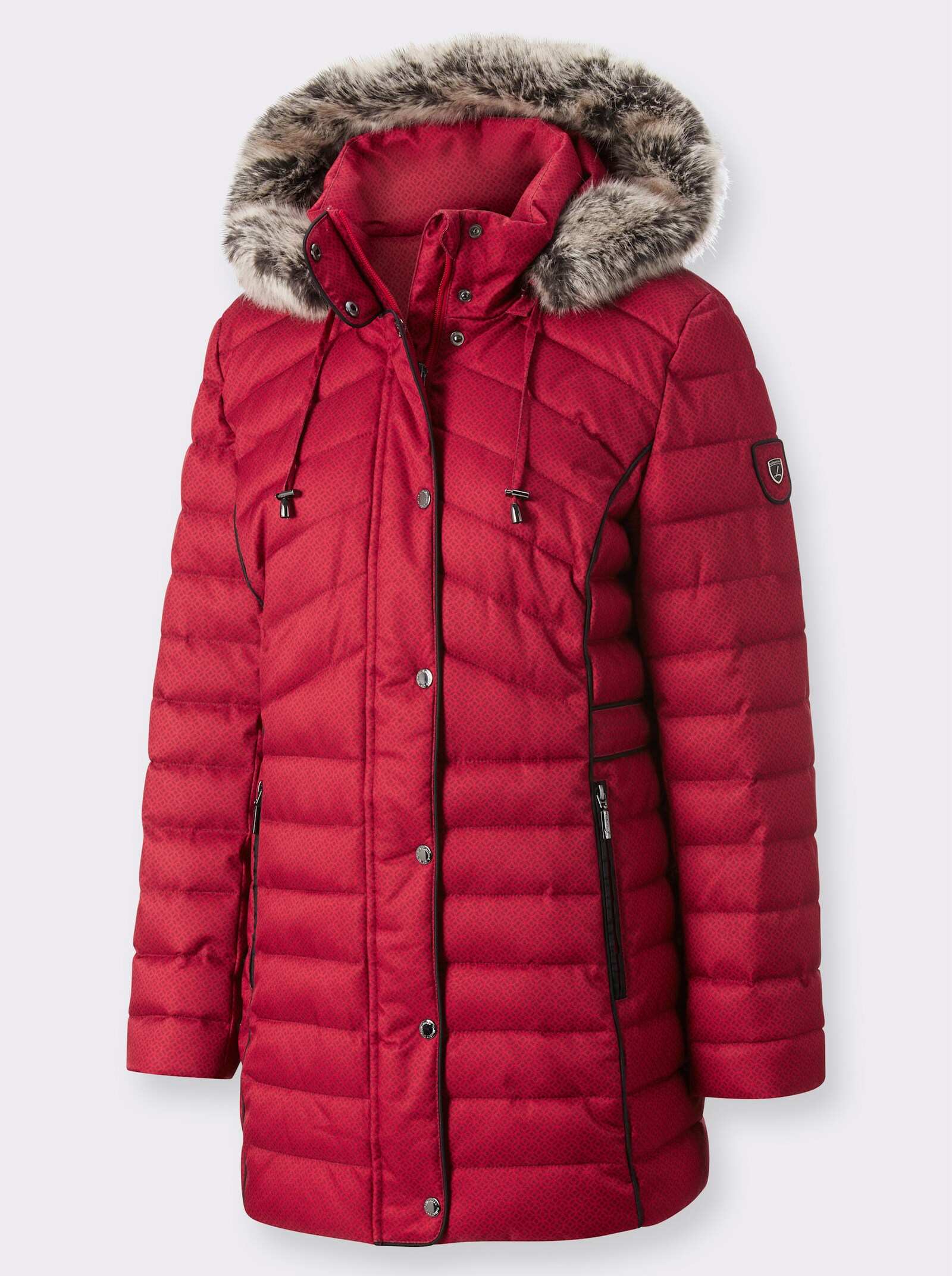Gewatteerde jas met afneembaar imitatiebont - rood/kers gedessineerd