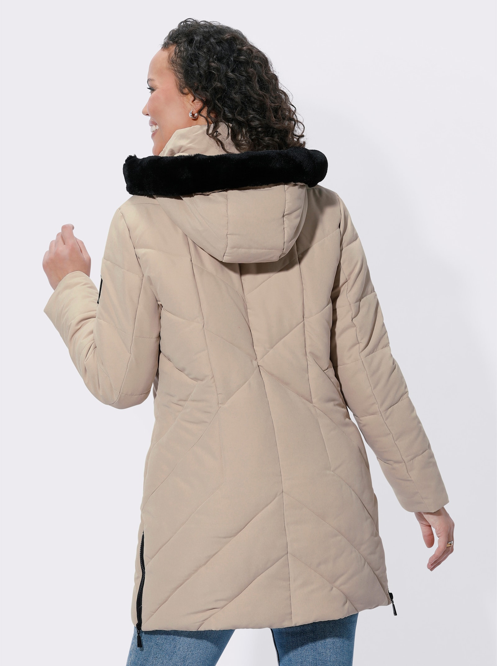 Steppjacke mit Pelz-Imitat-Besatz - beige