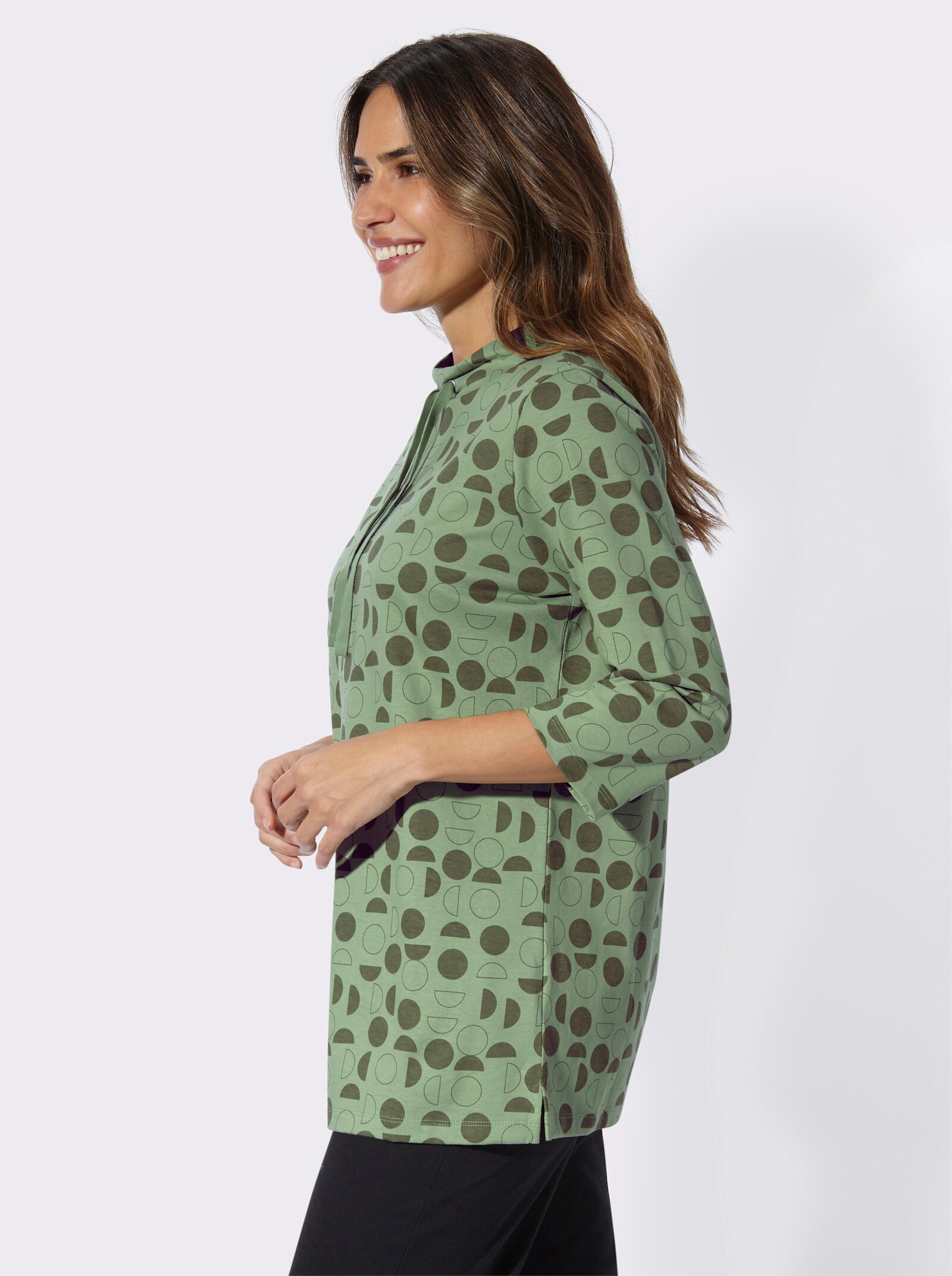 Longshirt mit Seitenschlitzen - eucalyptus-khaki-bedruckt