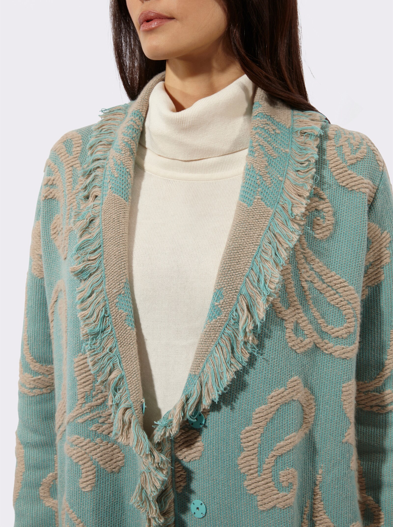 Cardigan mit zweifarbigen Fransen - salbei-beige-gemustert