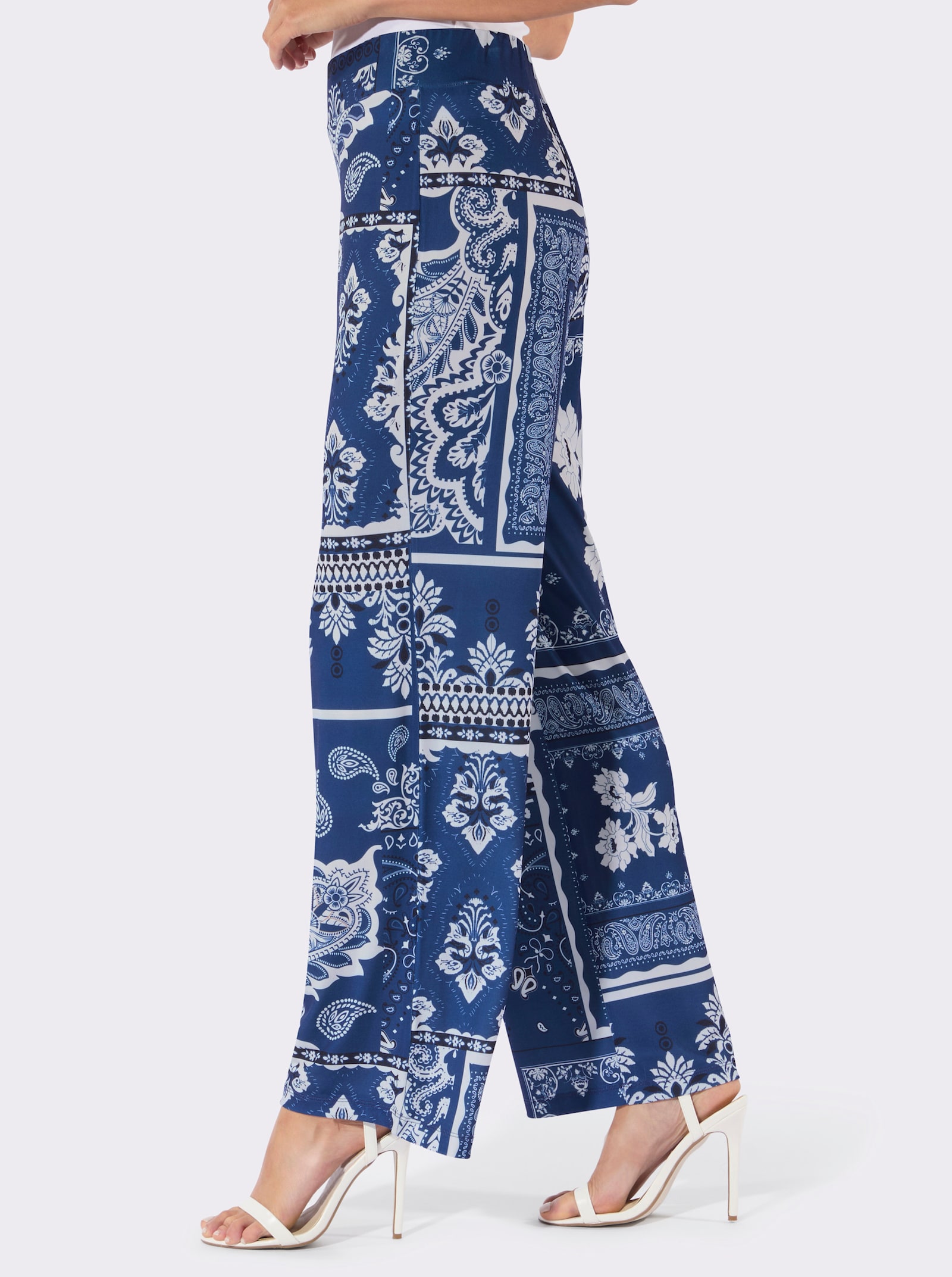 Druckhose mit Rundum-Dehnbund - royalblau-ecru-bedruckt