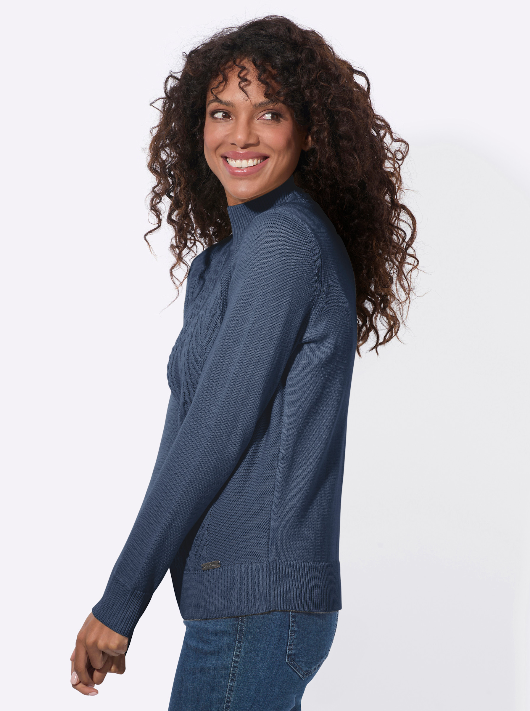  Stehkragenpullover mit Strickmuster - rauchblau