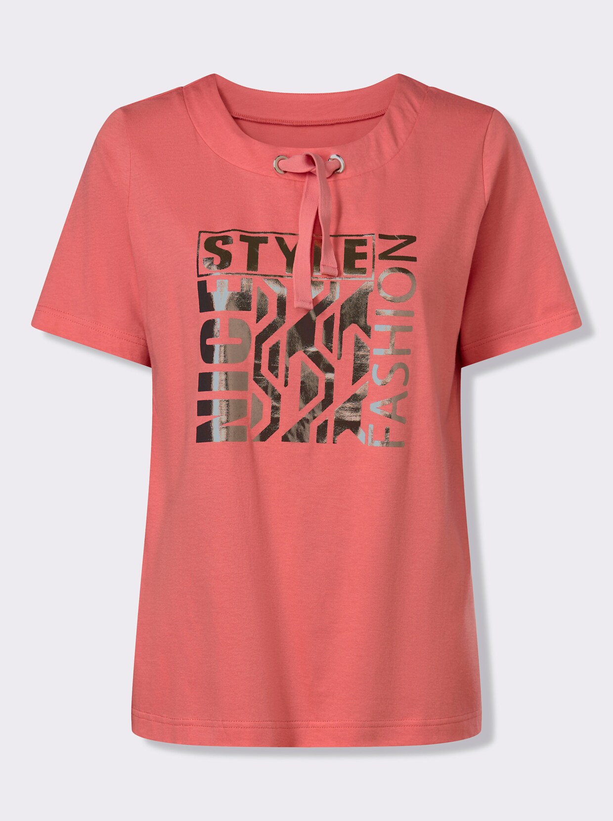 Kurzarmshirt mit glänzendem Druckmuster - koralle