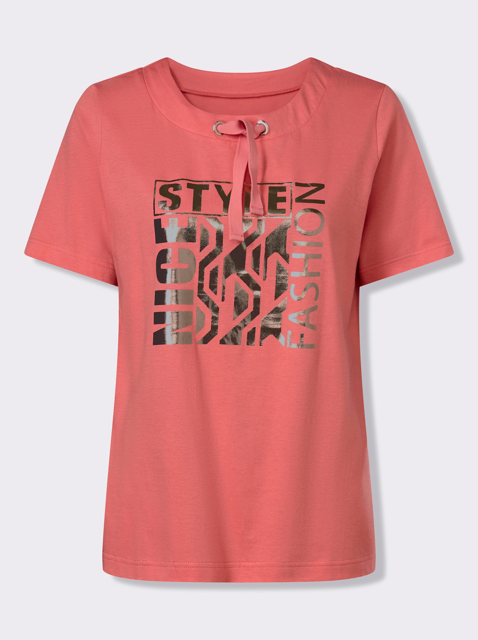 Kurzarmshirt mit glänzendem Druckmuster - koralle