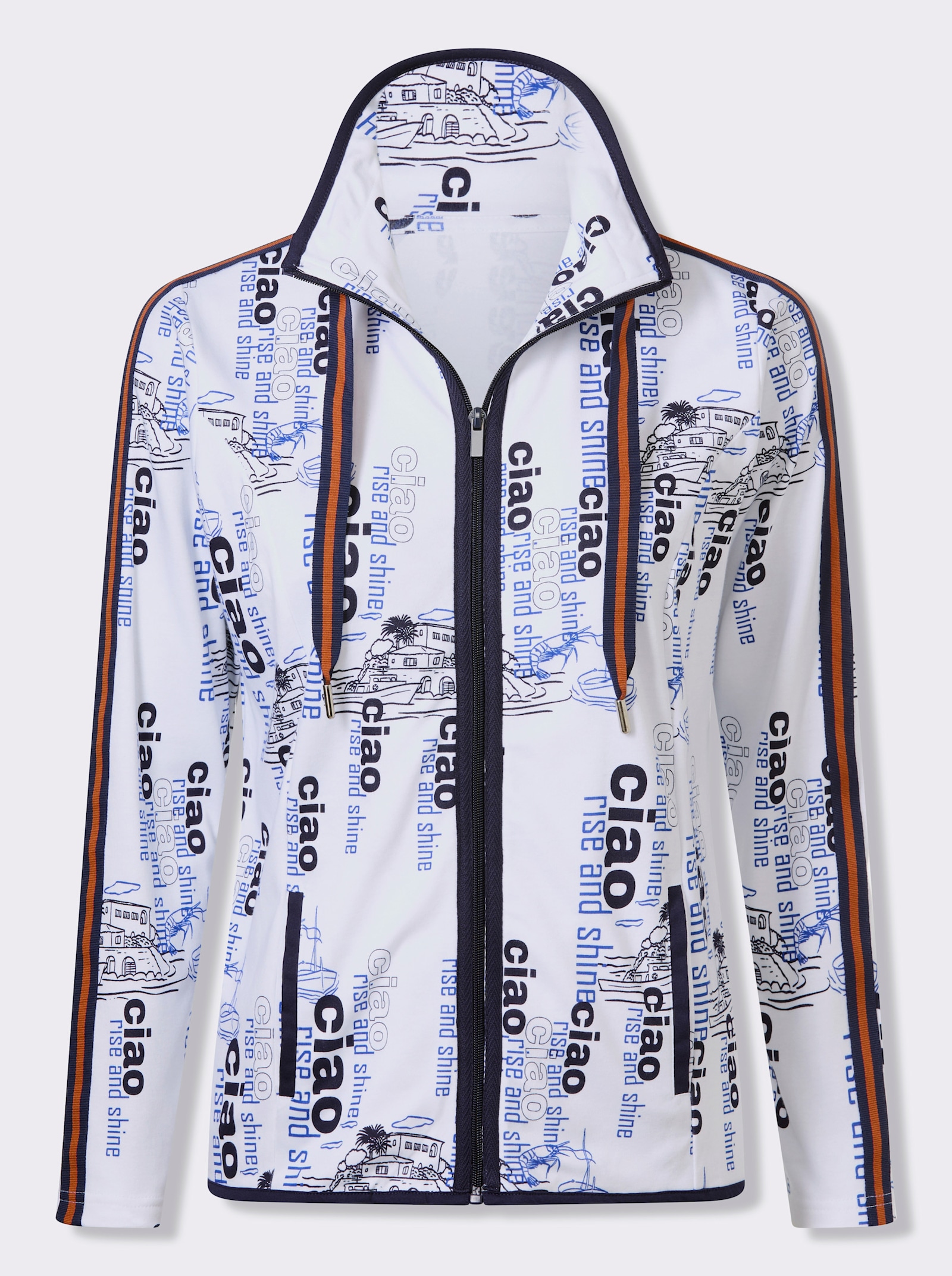 Sweatjacke mit maritimem Allover-Druck - weiß-marine-bedruckt