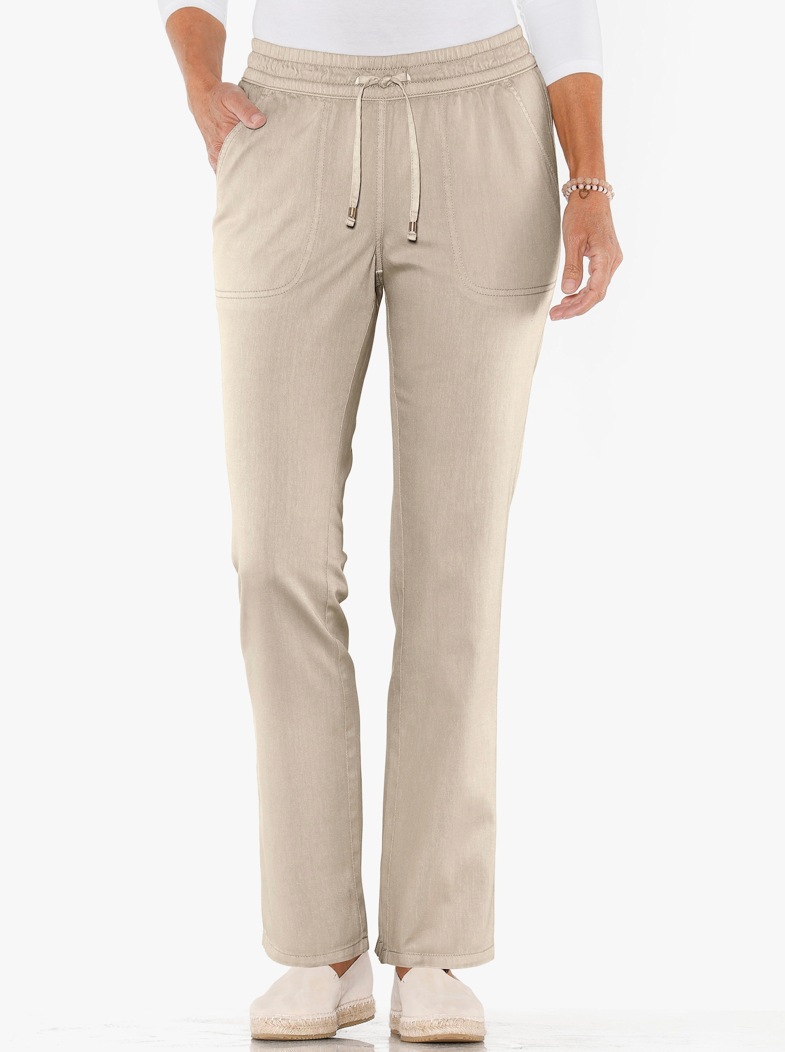 Comfortjeans met gesmokte band - zand