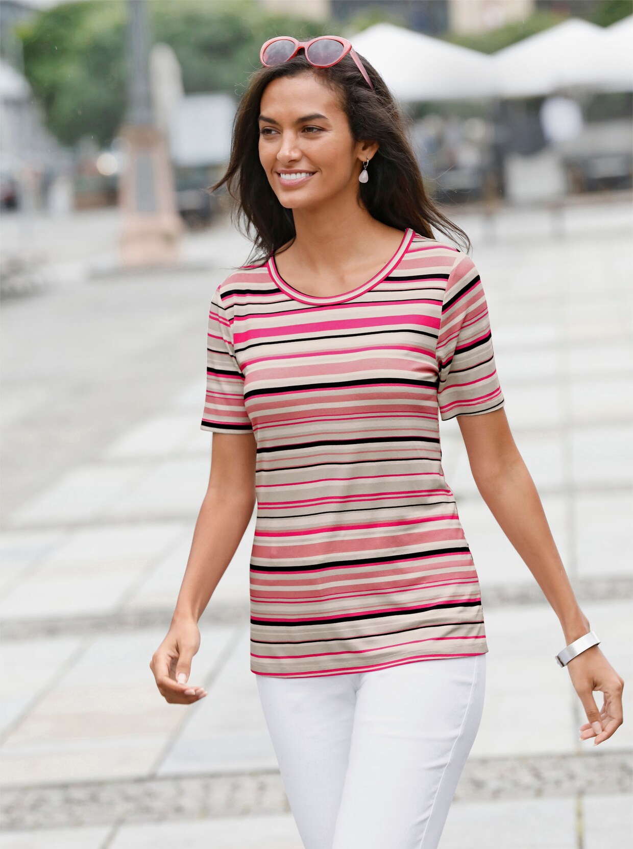 Shirt met korte mouwen - zwart/fuchsia gestreept