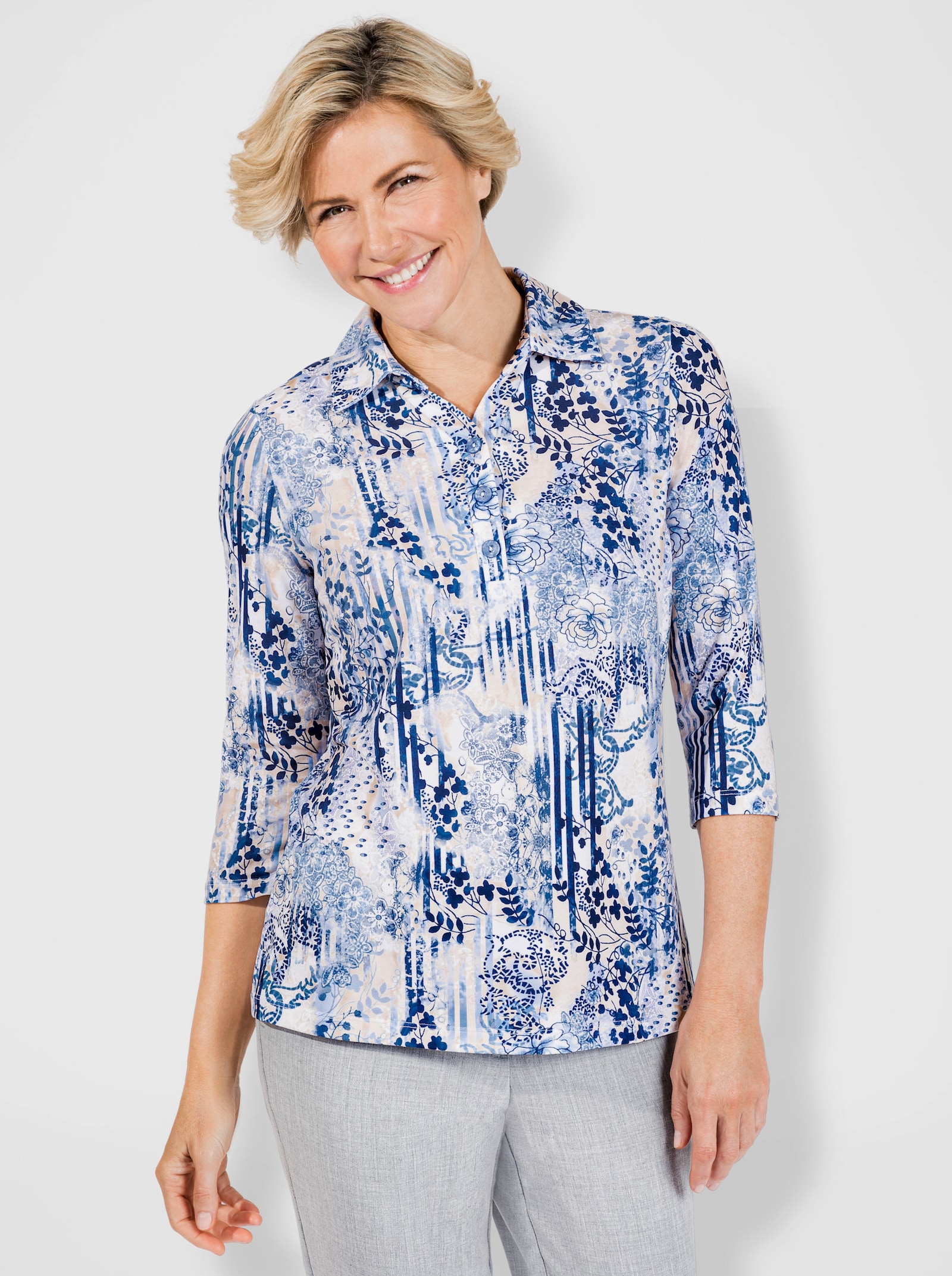 Poloshirt mit floralem Druck - himmelblau-nachtblau-bedruckt