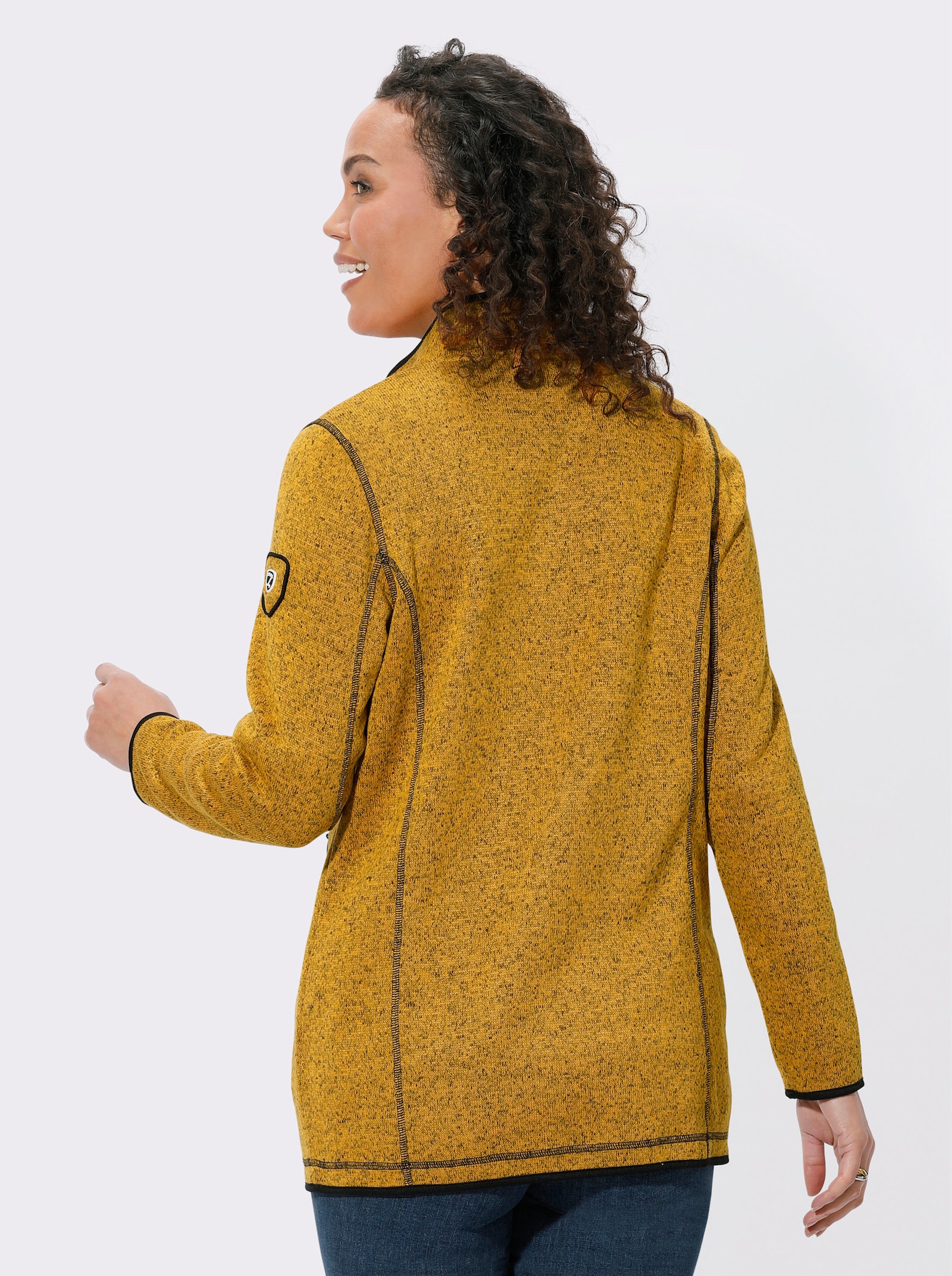 Strickfleecejacke in Longform - ocker-schwarz-gemustert