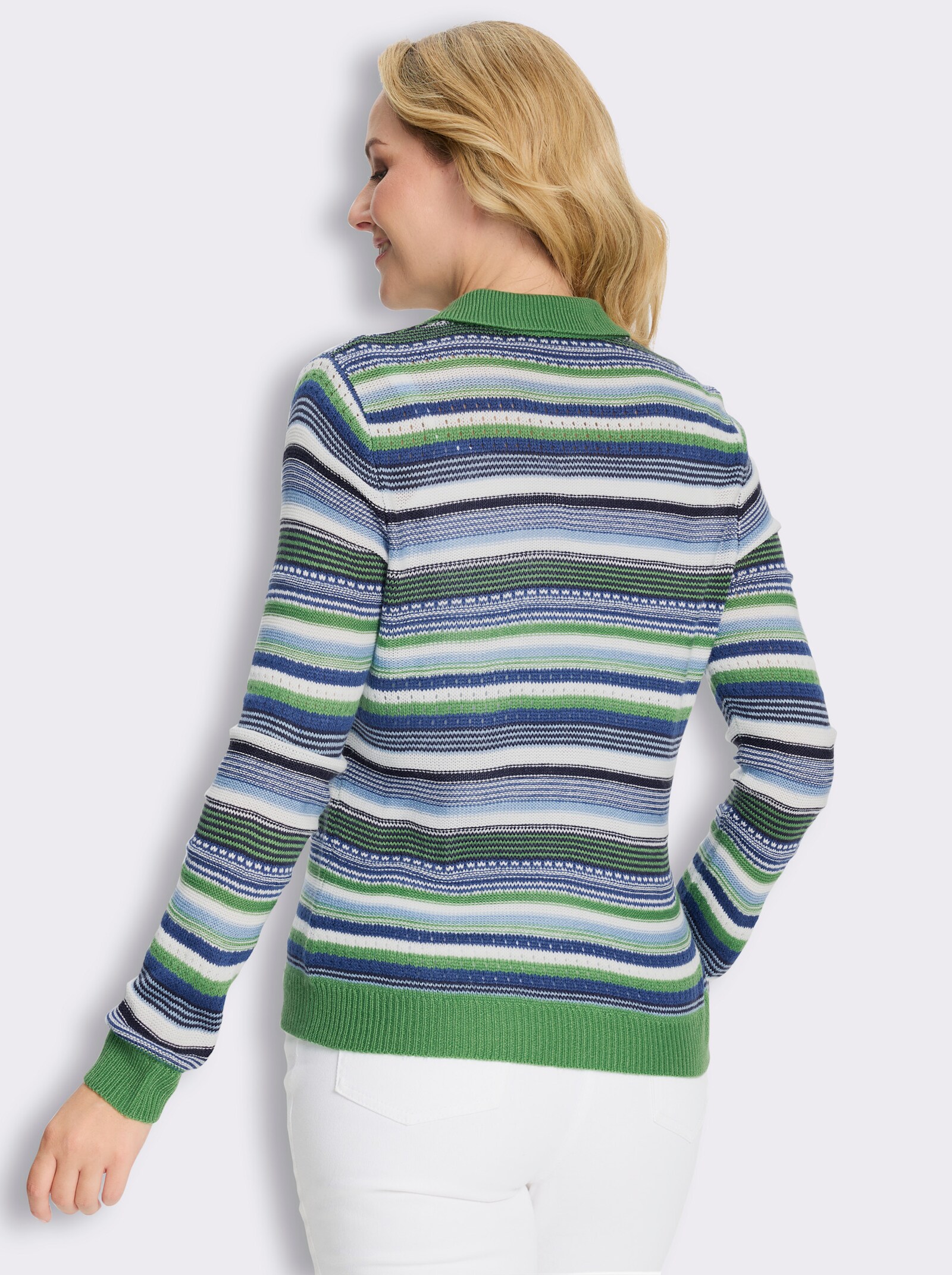 Polopullover mit Ringel-Strickmuster - grün-royalblau-geringelt