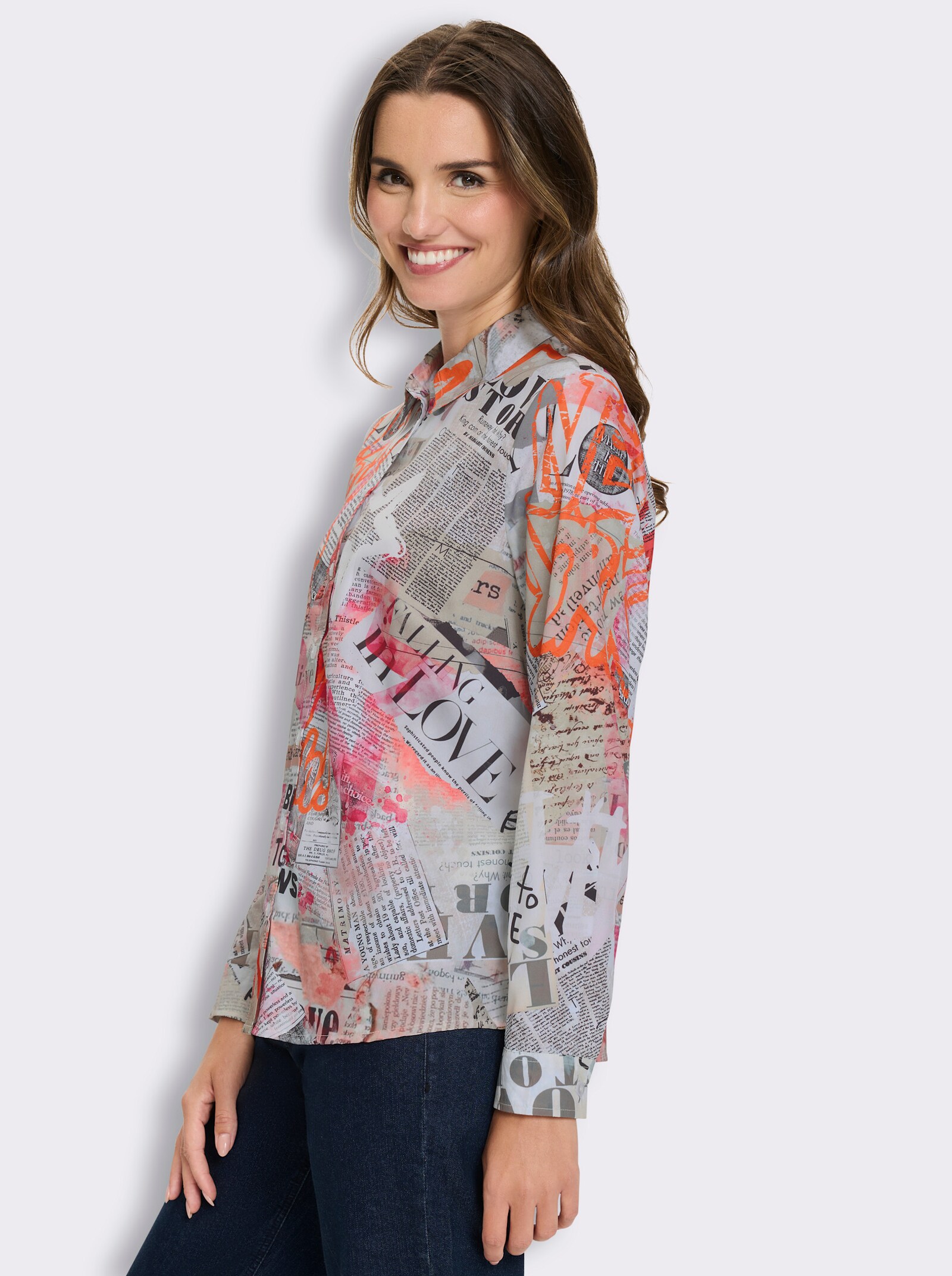 Druckbluse mit Hemdkragen - ecru-hummer-bedruckt