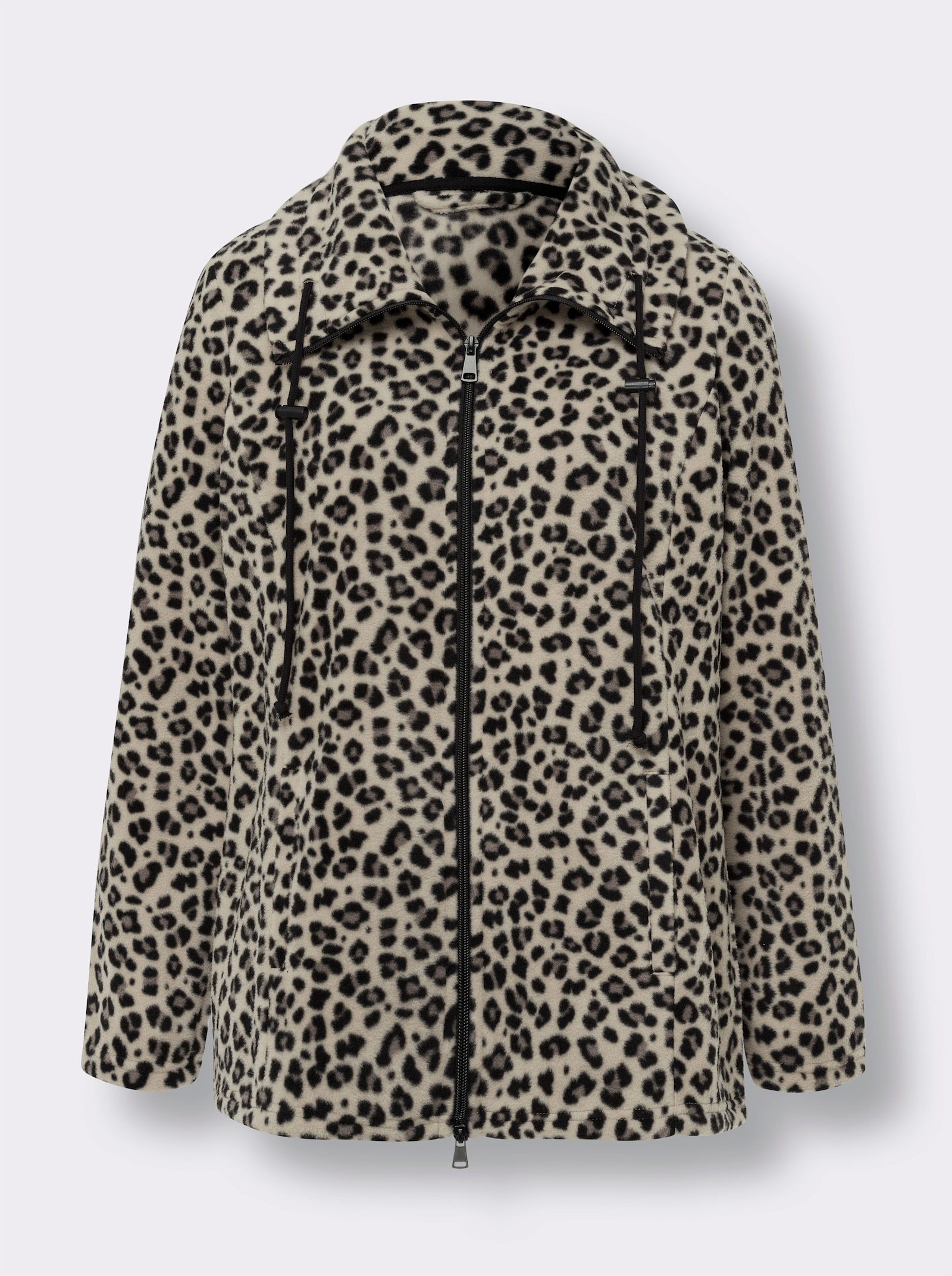 Fleecejacke allover im Leo-Dessin - sand-schwarz-bedruckt