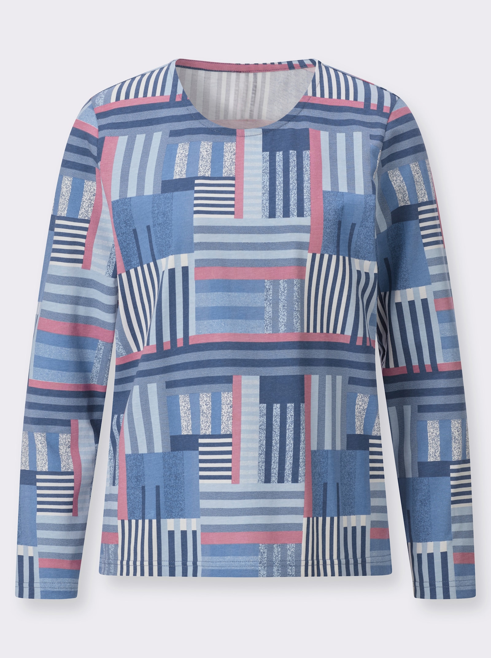 Langarmshirt in gestreifter Patch-Optik - jeansblau-altrosa-bedruckt