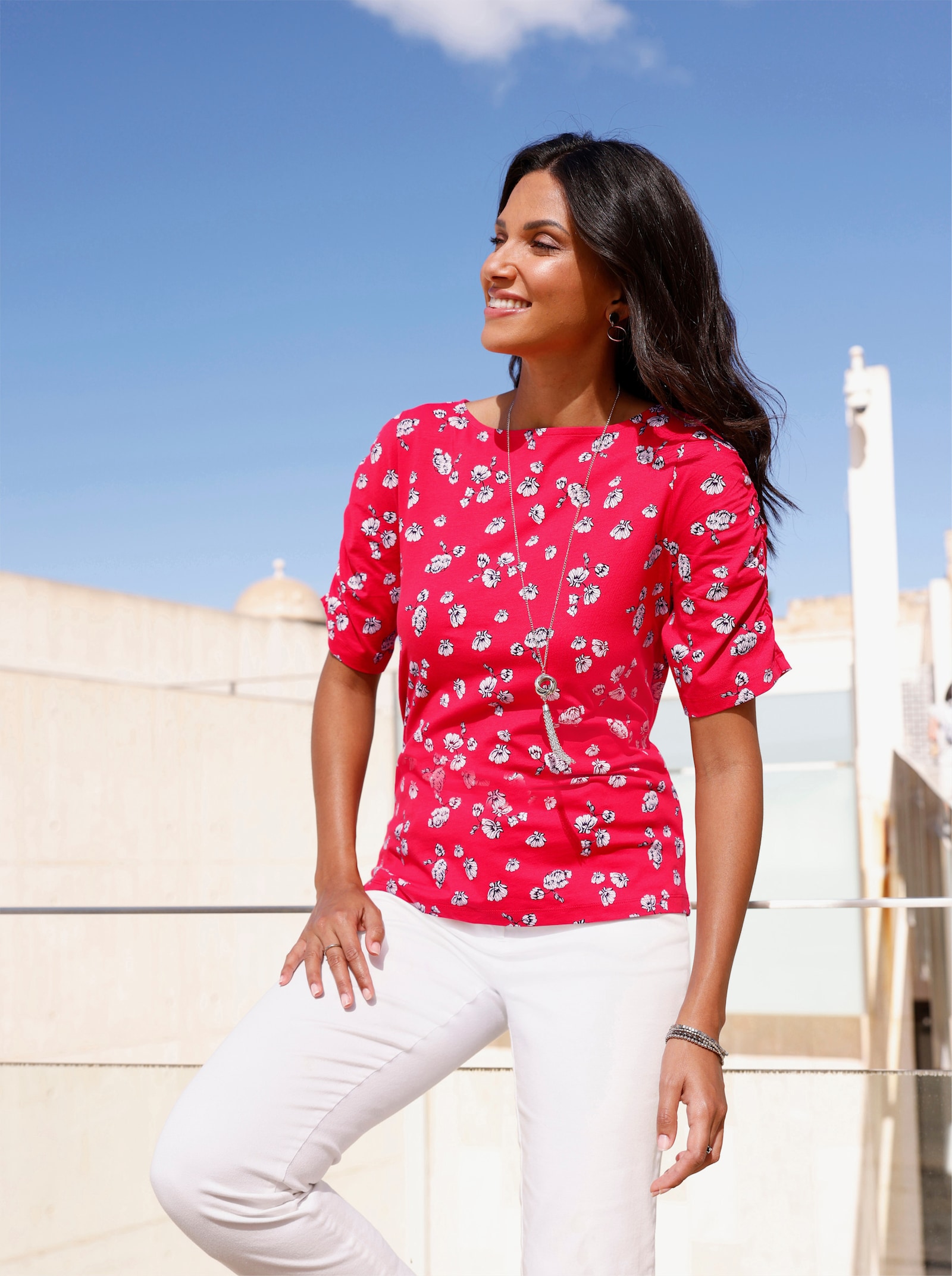 Shirt met korte mouwen en bloemenpatroon - aardbei/ecru bedrukt