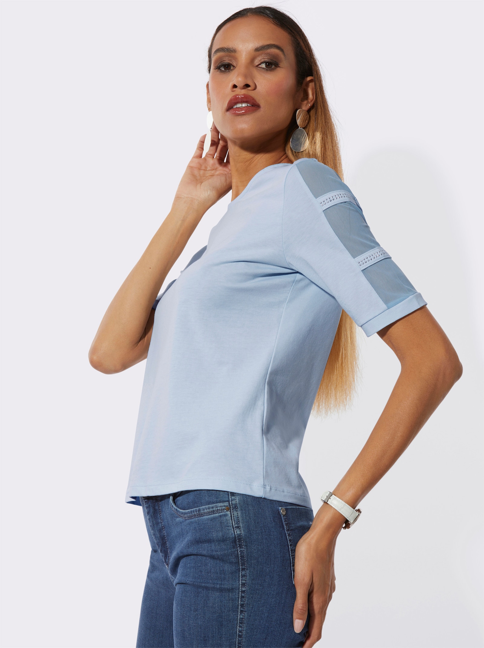 Kurzarmshirt mit Mesh an den Ärmeln - hellblau