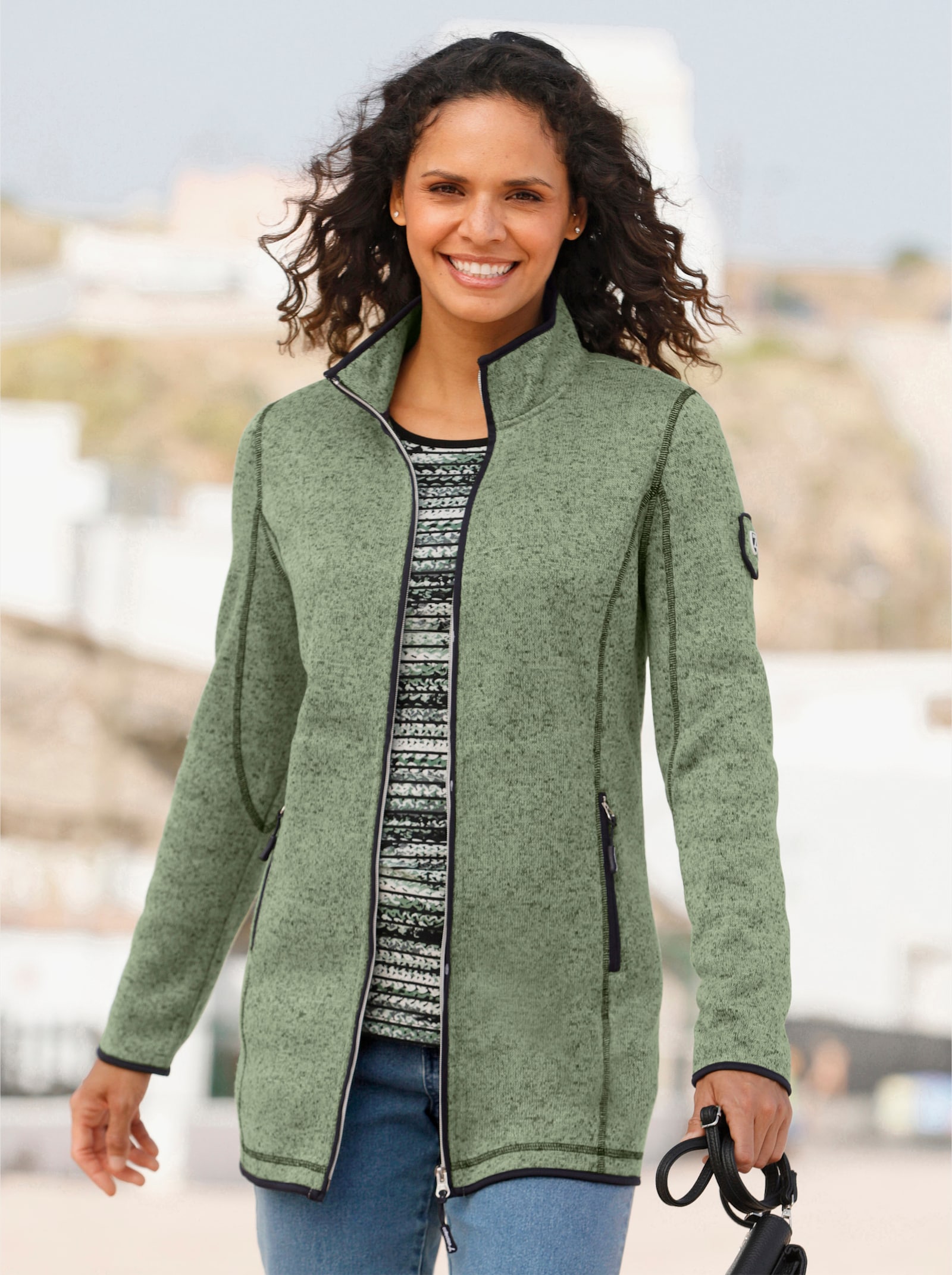 Strickfleecejacke in Longform - eucalyptus-schwarz-gemustert