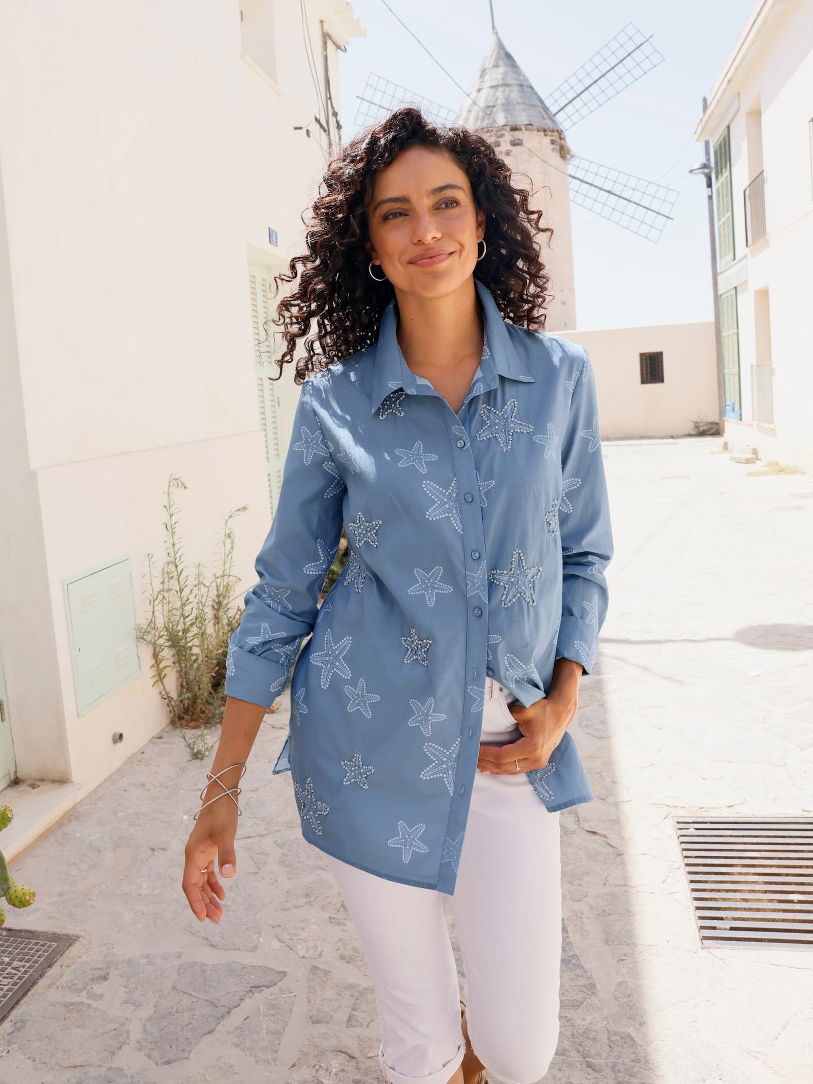 Longbluse mit Zierperlen - bleu