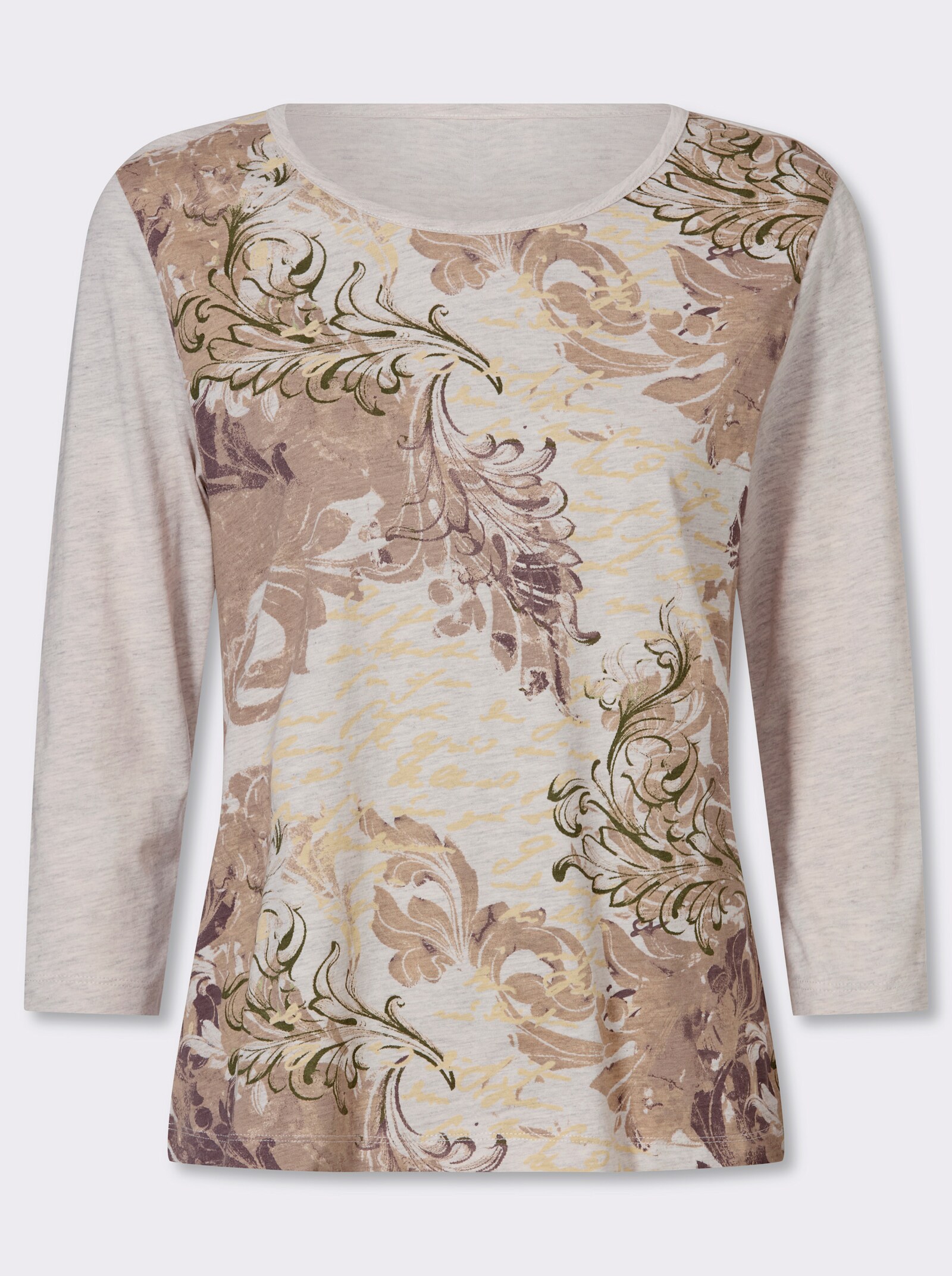 Rundhalsshirt in Melange-Optik, Baumwoll-Qualität - beige-meliert-sesam-bedruckt