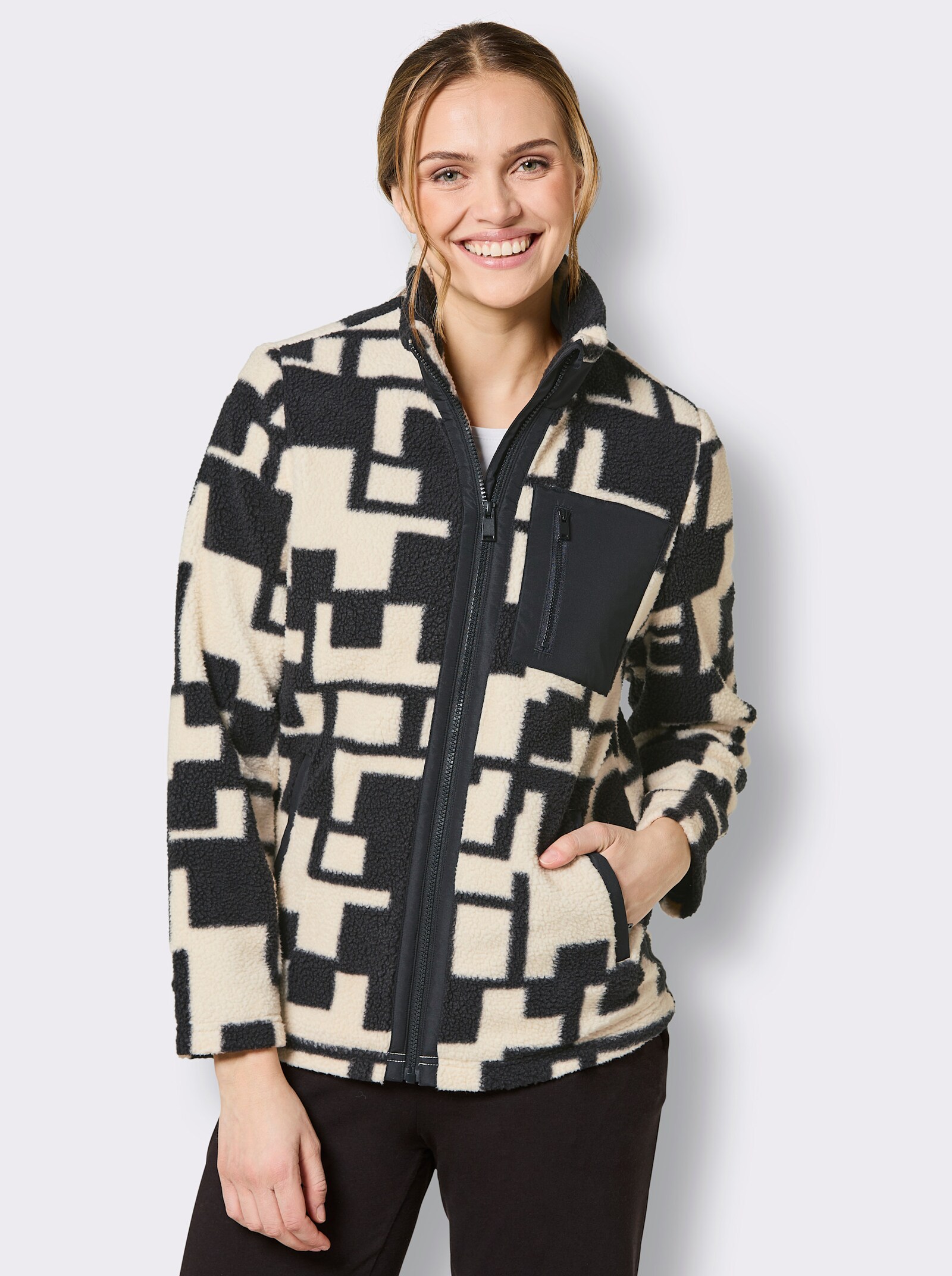 Catamaran Sports Teddy-Jacke mit 3 Reißverschluss-Taschen - schwarz-champagner-gemustert
