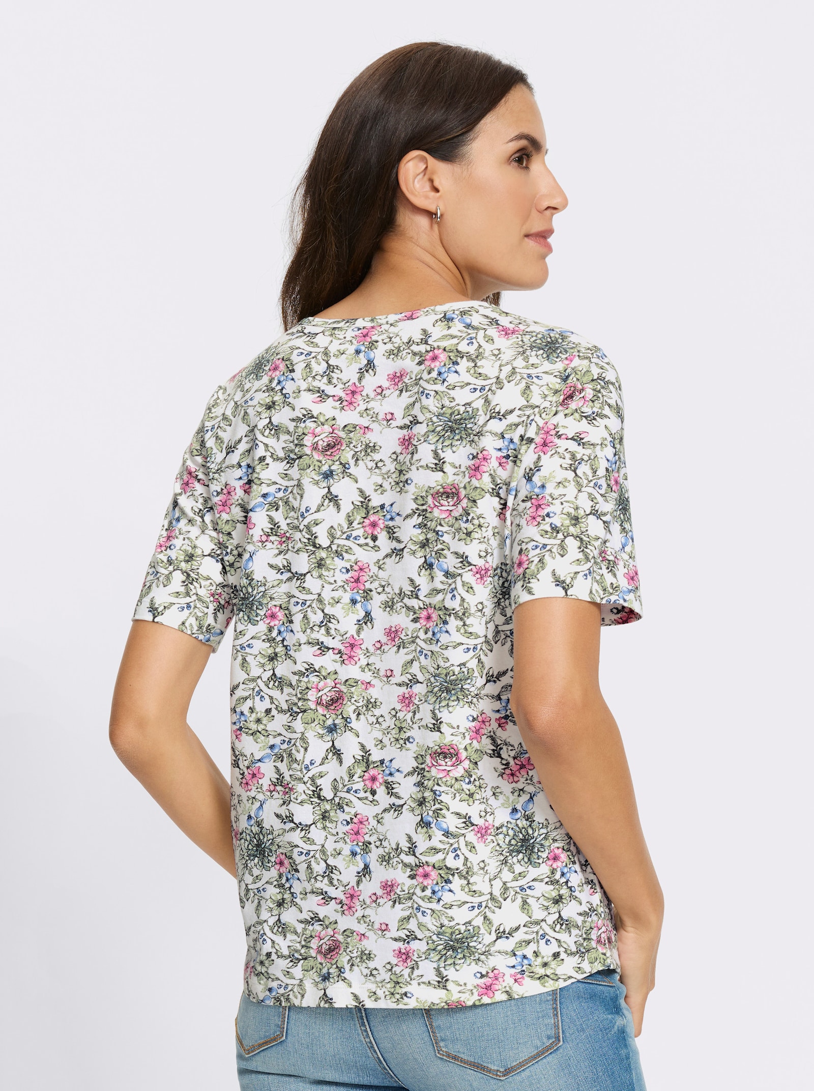 Topp med tryck i utställd modell - ecru-khaki, med tryck