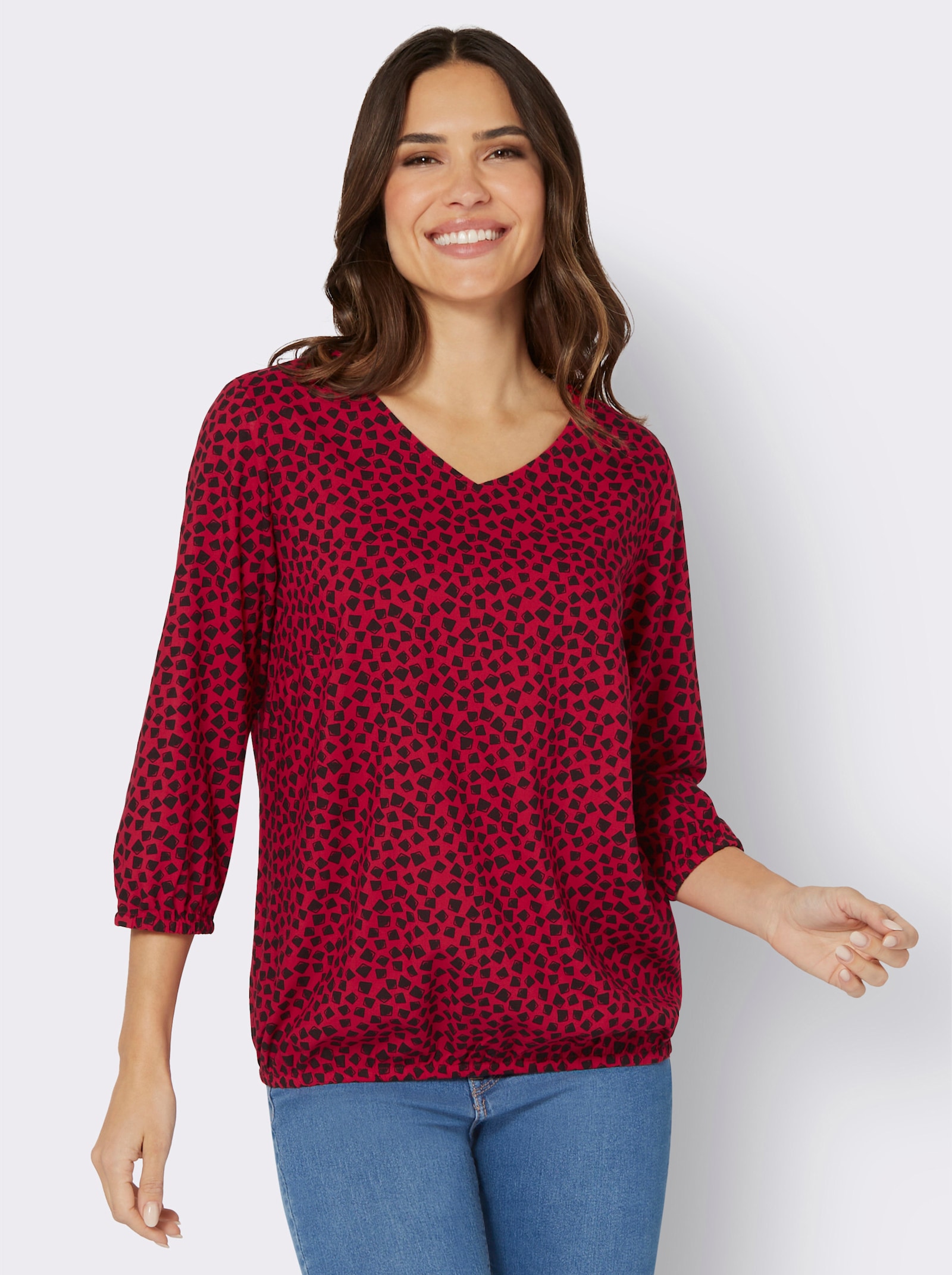 Comfortblouse in contrastdessin - rood/zwart geprint