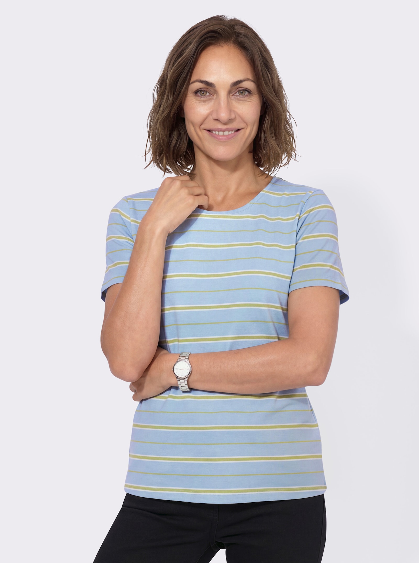 Ringelshirt mit Rundhals-Ausschnitt - hellblau-lindgrün-geringelt