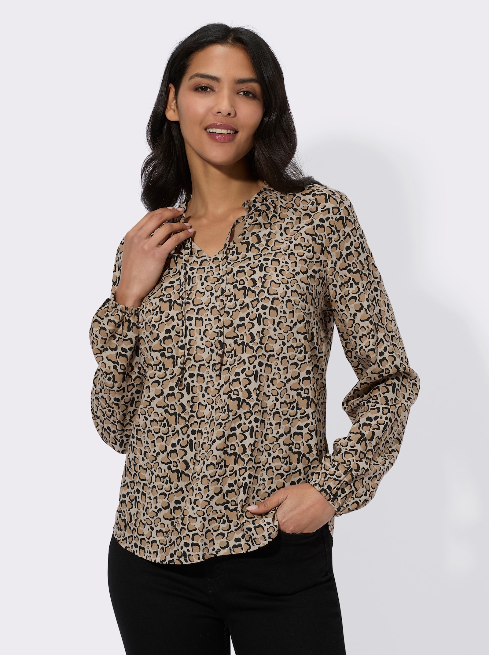 Comfortabele blouse met 3/4-mouwen - beige/zwart geprint