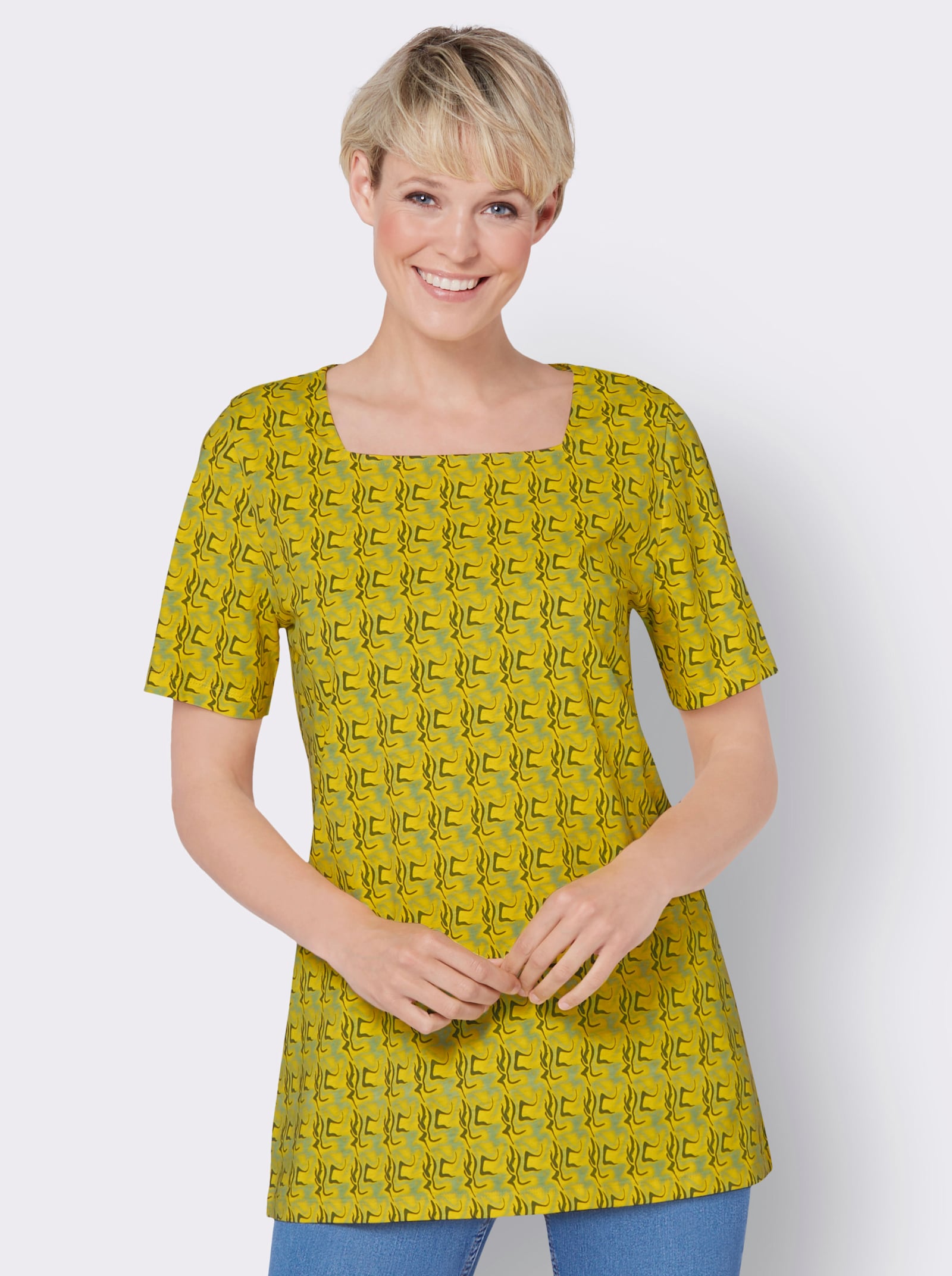 Dlouhé tričko s mramorovým vzorem - sluneční žlutá-olivová-potisk