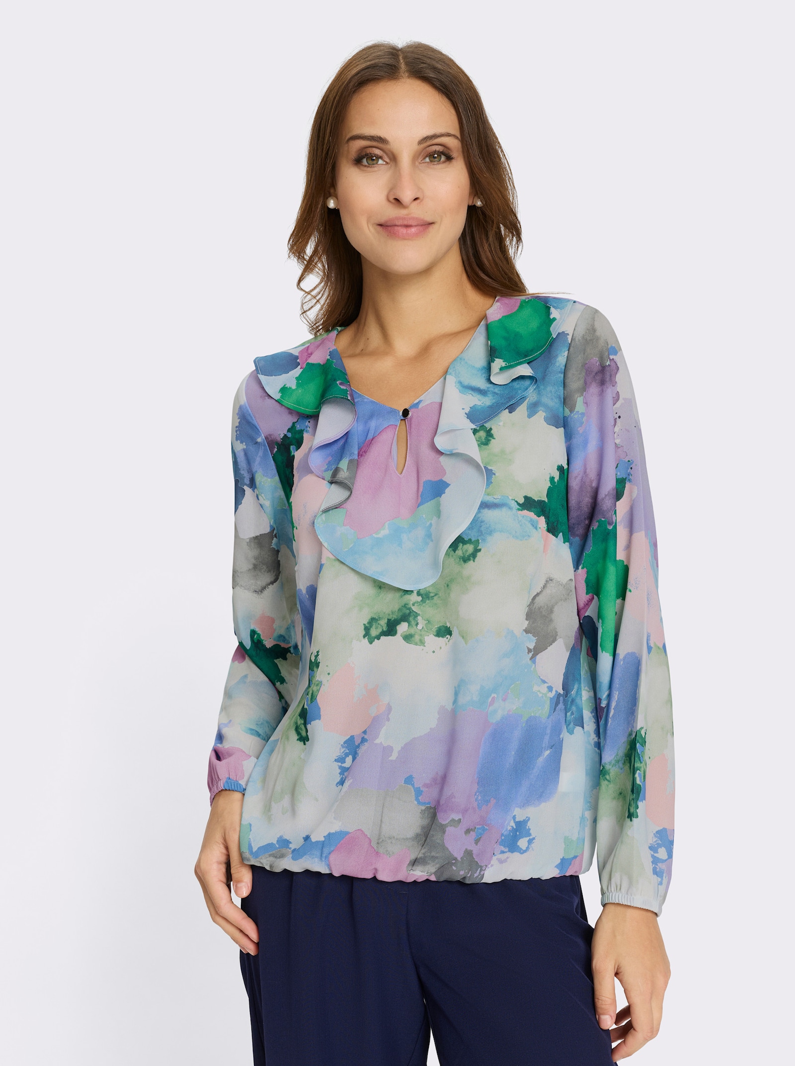 Schlupfbluse mit Volants - eisblau-rosé-bedruckt