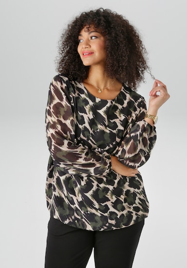 Aniston PLUS Schlupfbluse - olive-schwarz-offwhite-beige