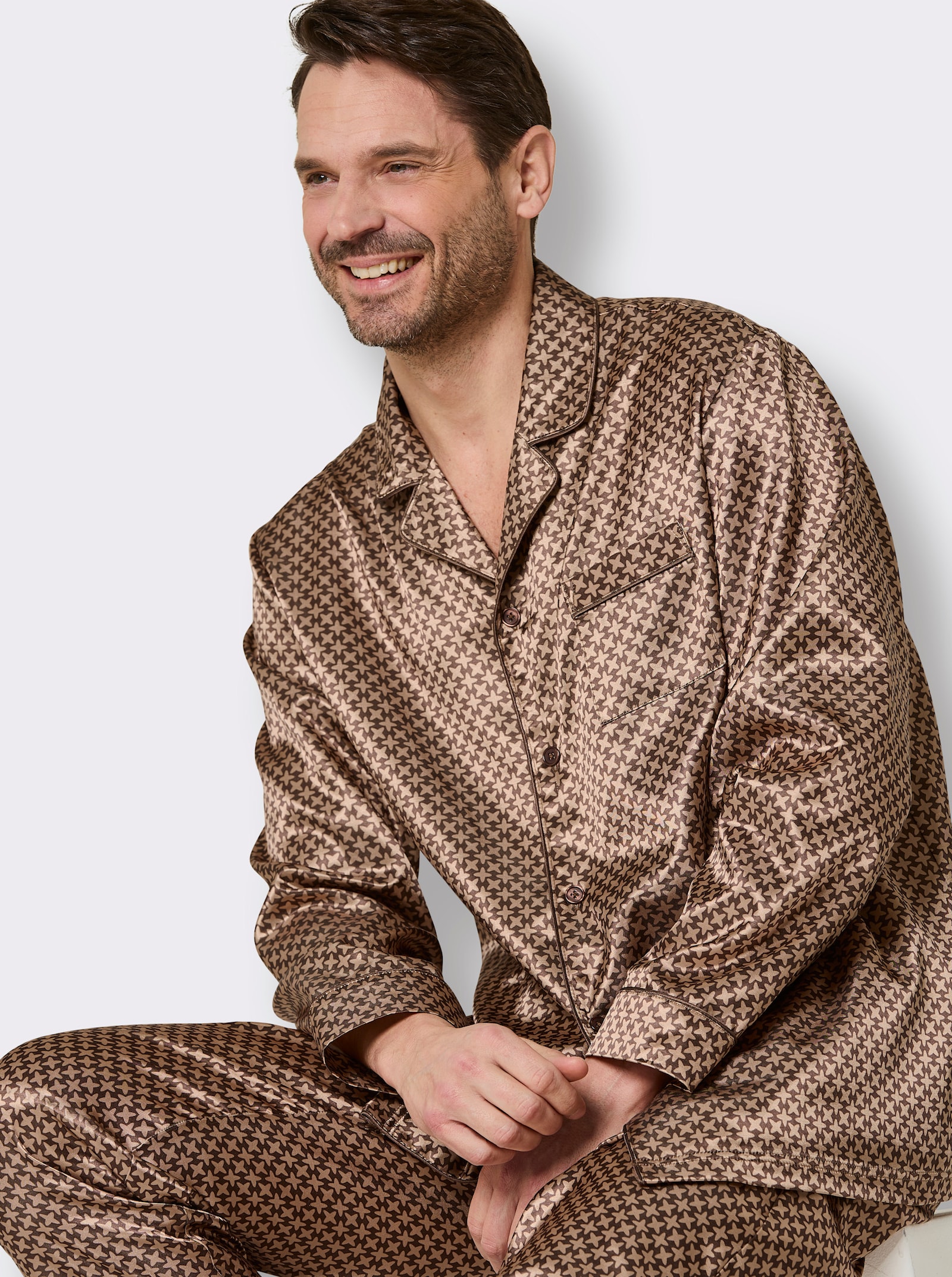 wäschepur men Pyjama - camel-schoko-bedruckt