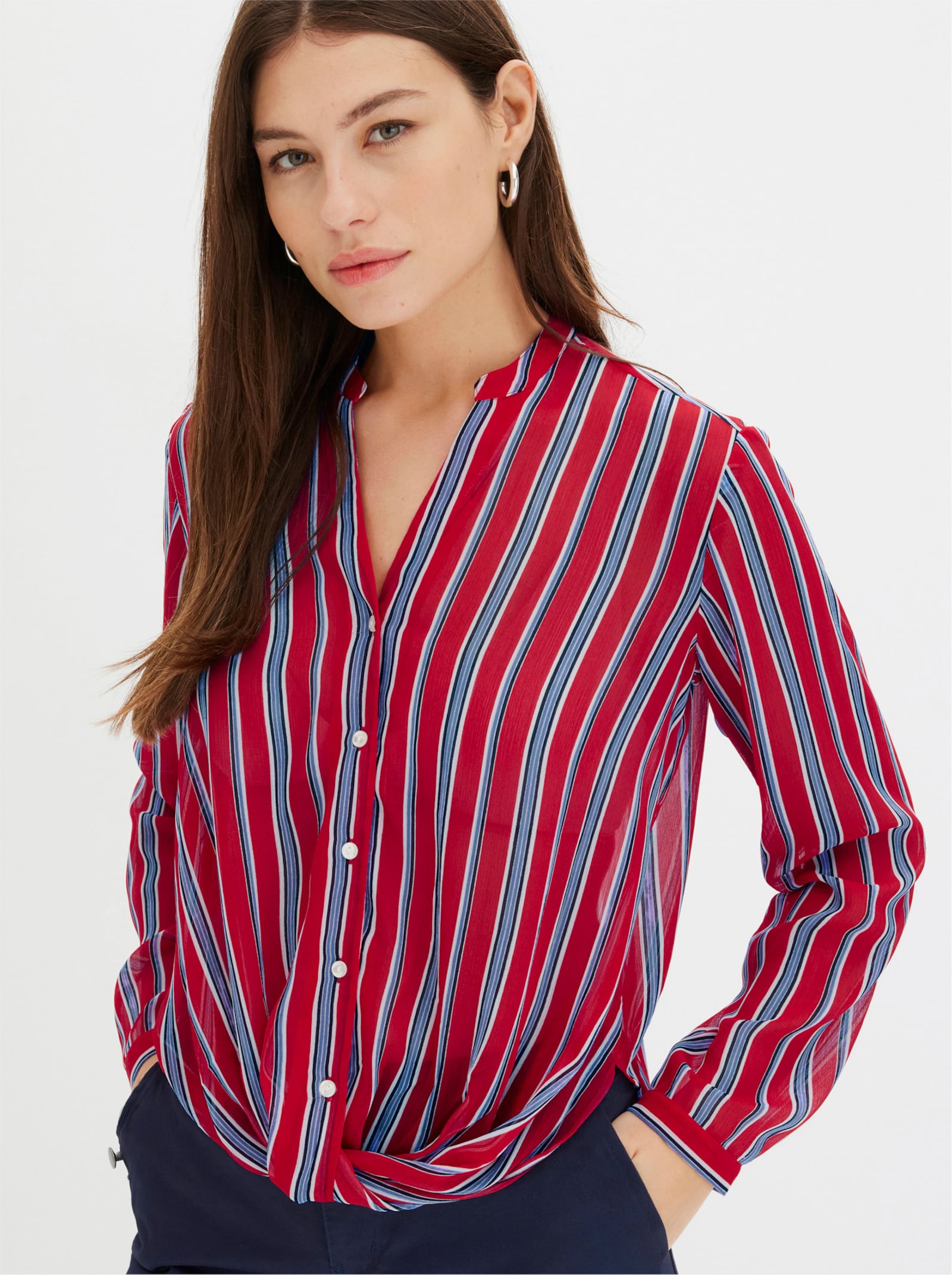 Druckbluse mit Wickel-Optik am Saum - erdbeere-himmelblau-gestreift