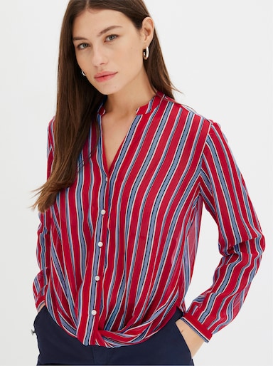 Druckbluse mit Wickel-Optik am Saum - erdbeere-himmelblau-gestreift