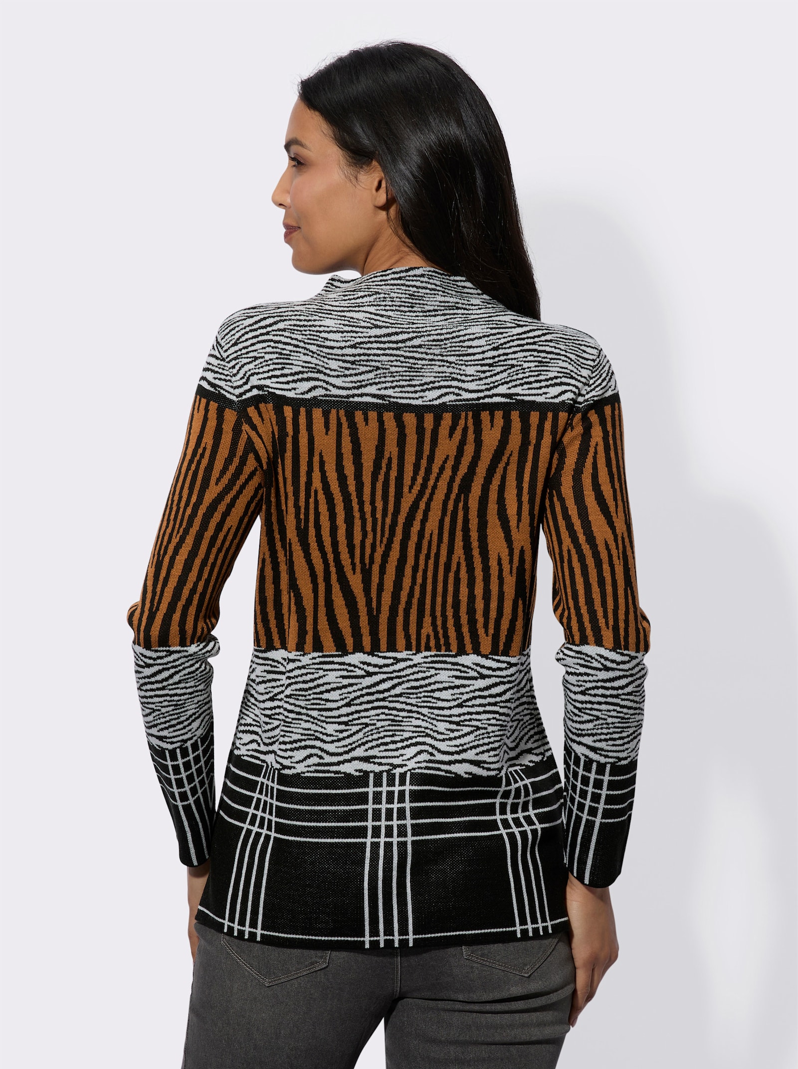 Jacquard-Pullover mit Kelchkragen - schwarz-cognac-gemustert