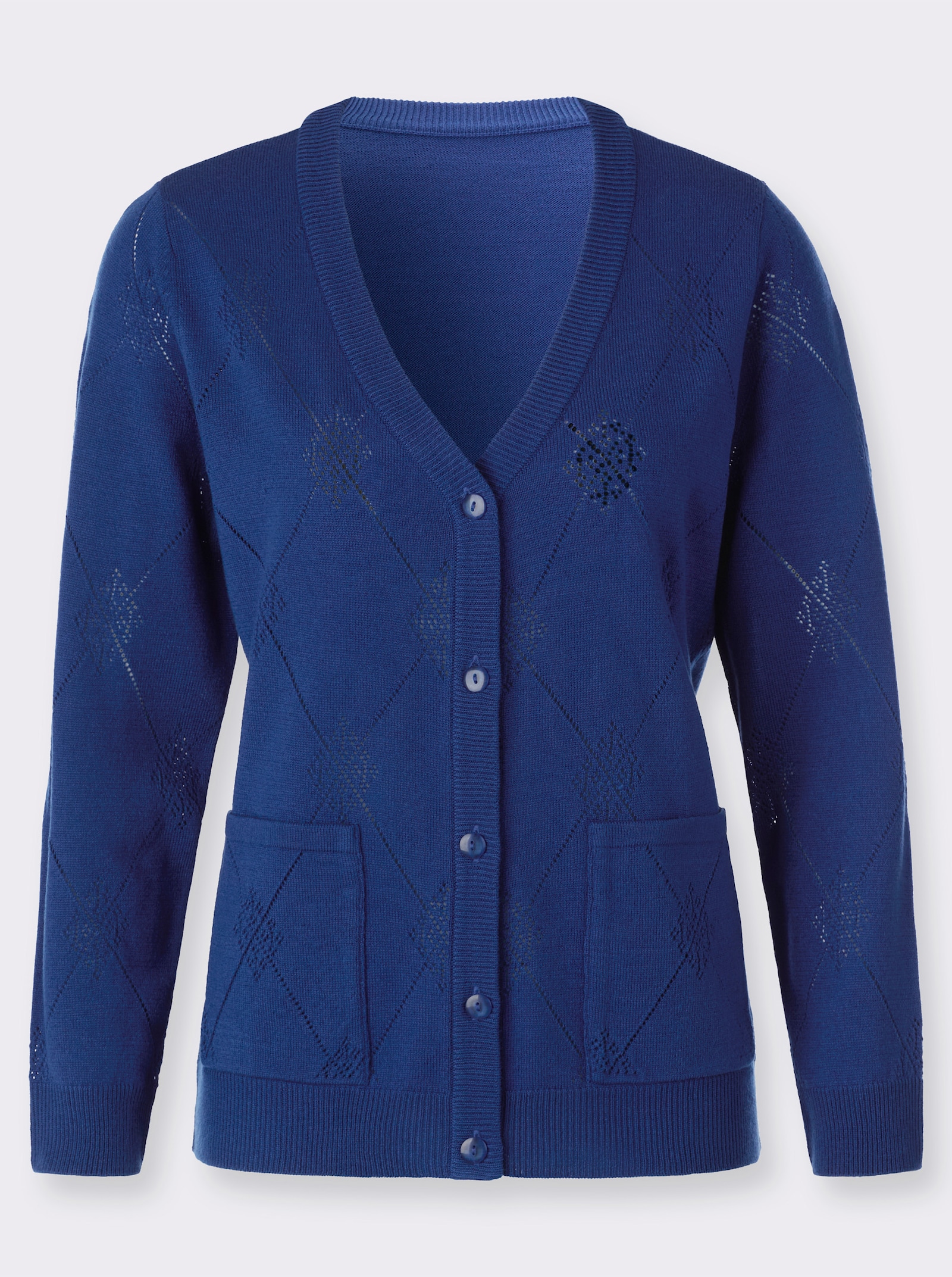Ajourstrickjacke mit Rautenmuster - royalblau