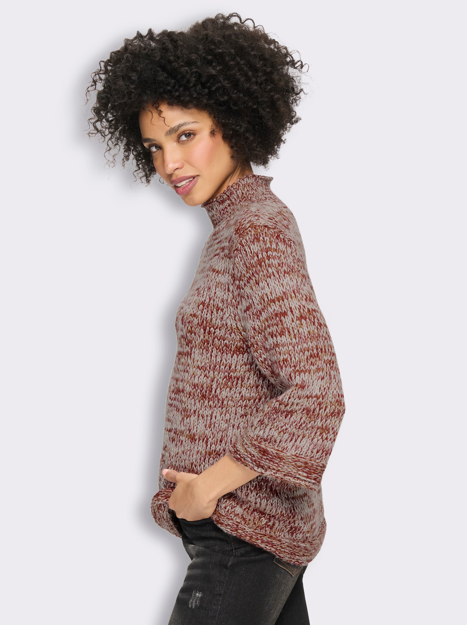 heine Kurzarmpullover mit Rollkanten - dunkelrot-cognac-gemustert
