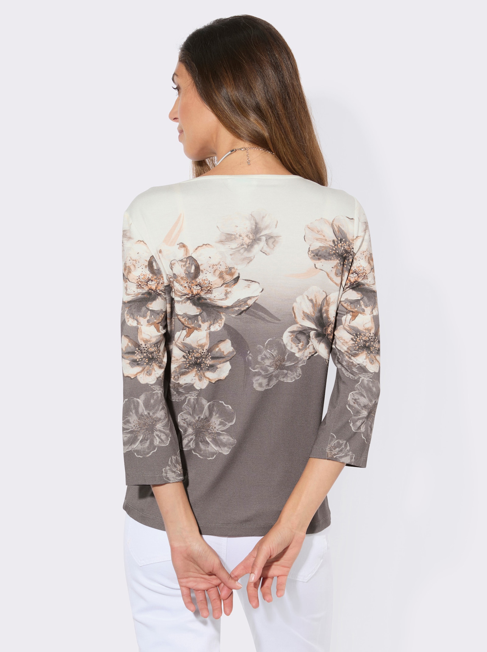 3/4-Arm-Shirt mit platziertem Blumenmuster - ecru-grau-bedruckt