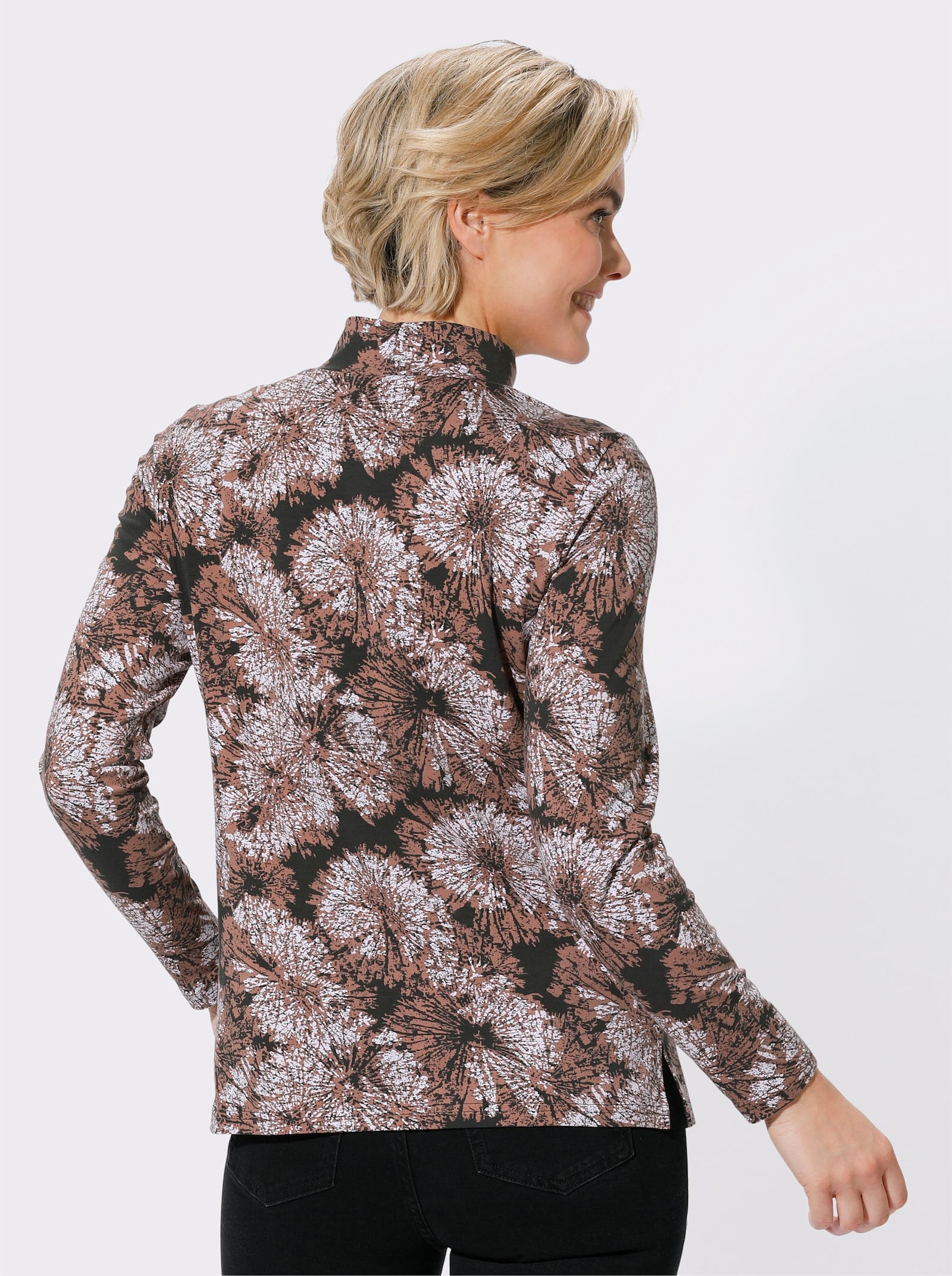 Stehkragenshirt mit Seitenschlitzen - rosenholz-graphit-bedruckt