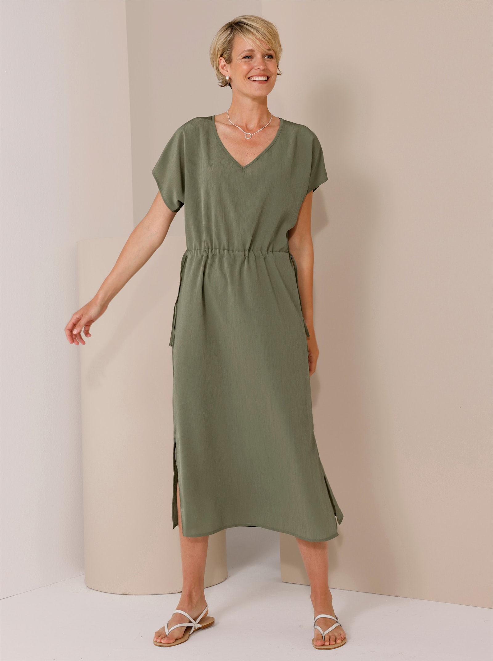 Sommerkleid mit Tunnelzug in der Taille - khaki