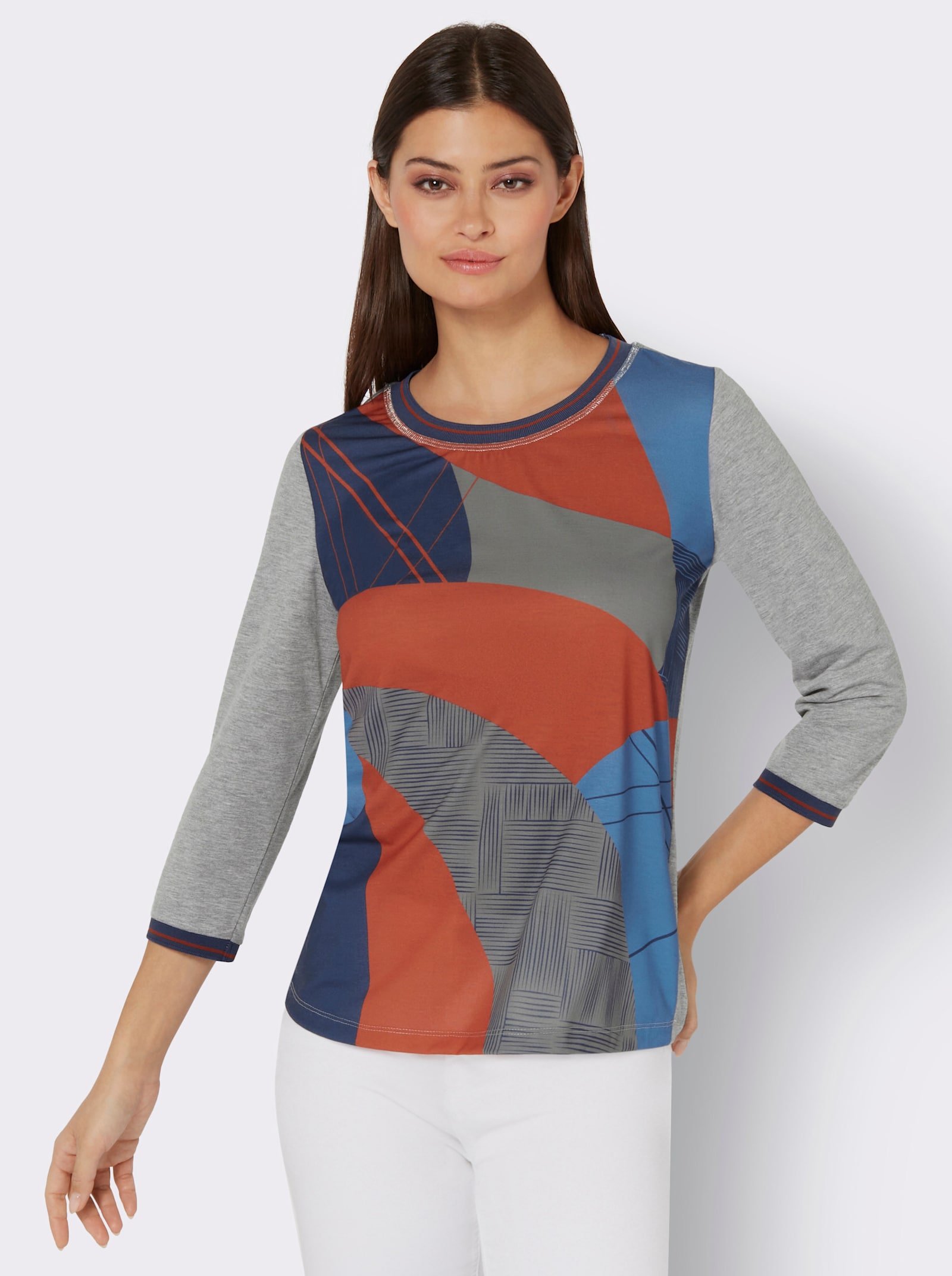 3/4-Arm-Shirt mit Kontrast-Blenden - grau-terra-bedruckt