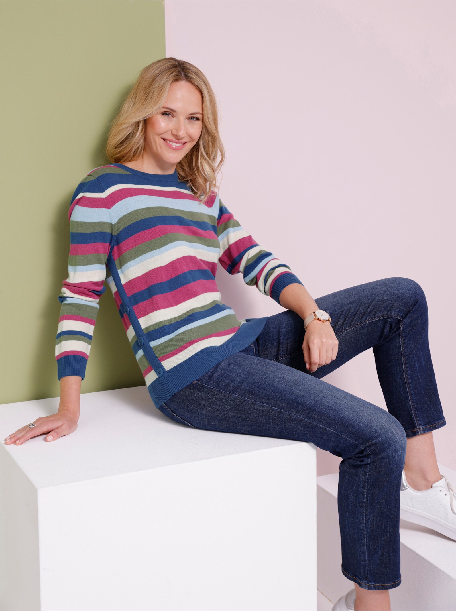 Långärmad tröja med randmönster - jeansblå-ljung-randig